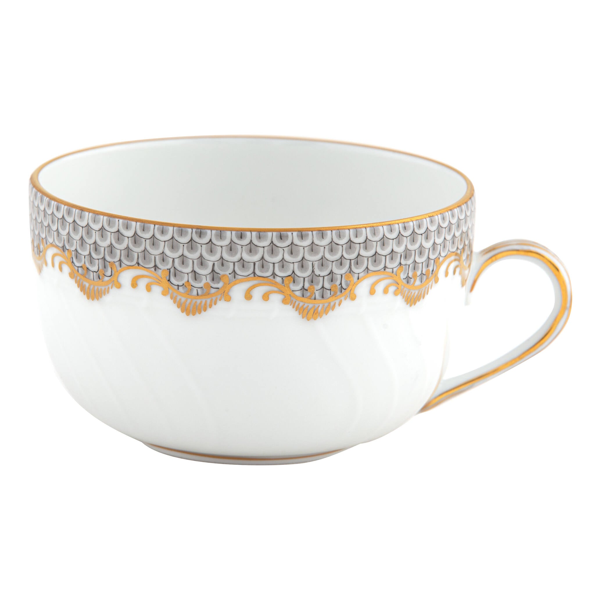 Hand-painted Herend Fish Scale Gray Canton Cup Teacup in fine porcelain, on a white background