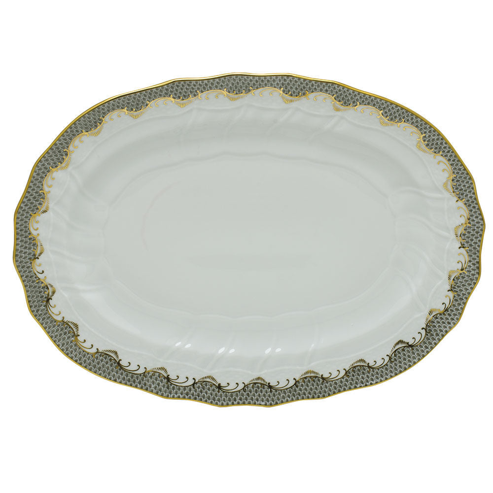 Hand-painted Herend Fish Scale Gray Platter in fine porcelain, 15in L X 11.5in W, on a white background