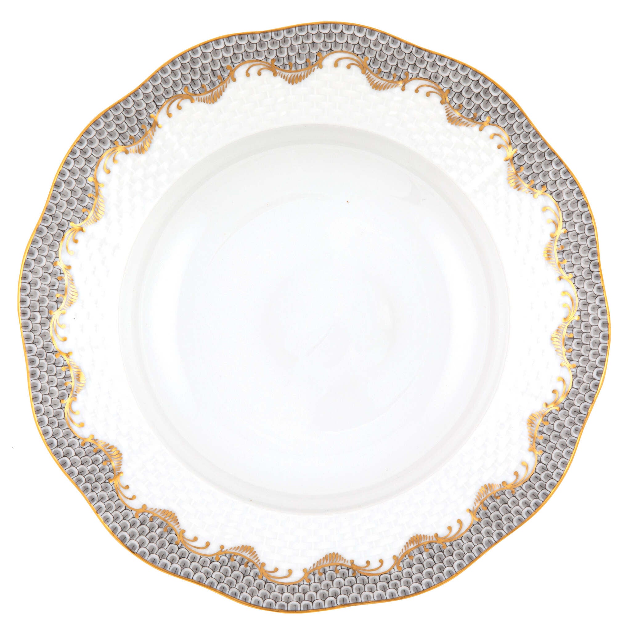 Hand-painted Herend Fish Scale Gray Rim Soup Plate Soup Plates & Rimmed Soup Bowl in fine porcelain, 8in D, on a white background