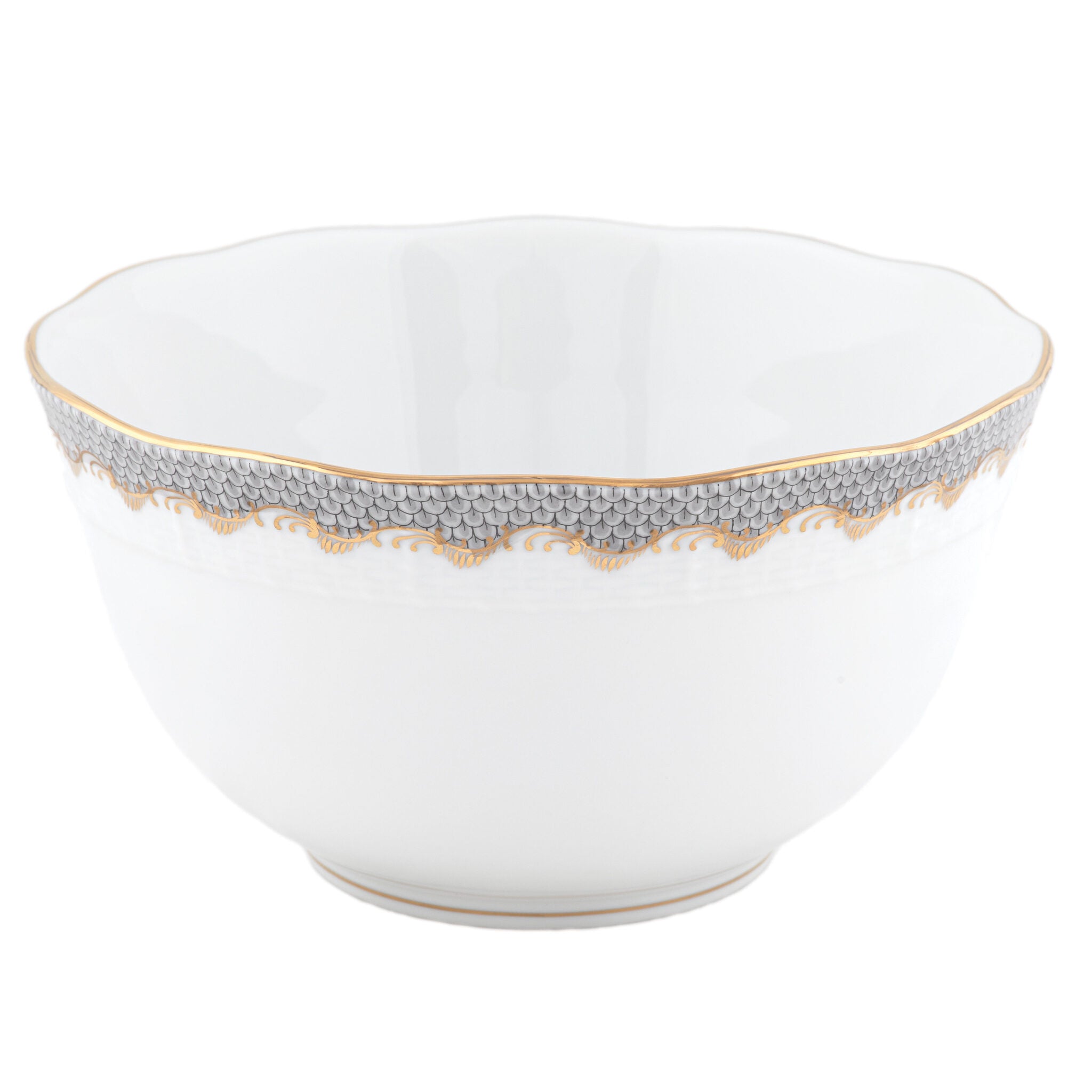 Hand-painted Herend Fish Scale Gray Round Bowl in fine porcelain, (3.5 PT) 7.5in D, on a white background