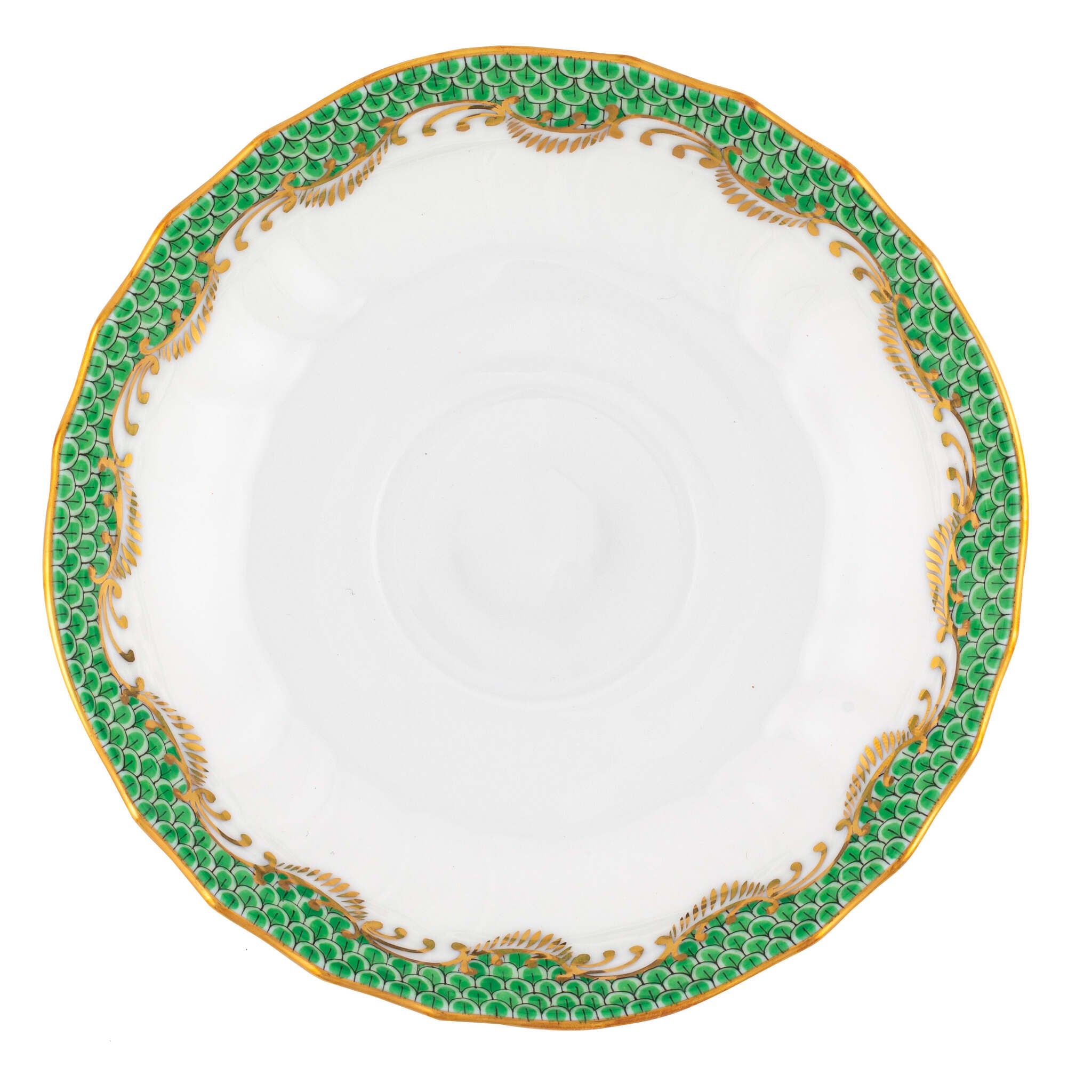 Hand-painted Herend Fish Scale Jade Canton Saucer in fine porcelain, 5.5in D, on a white background