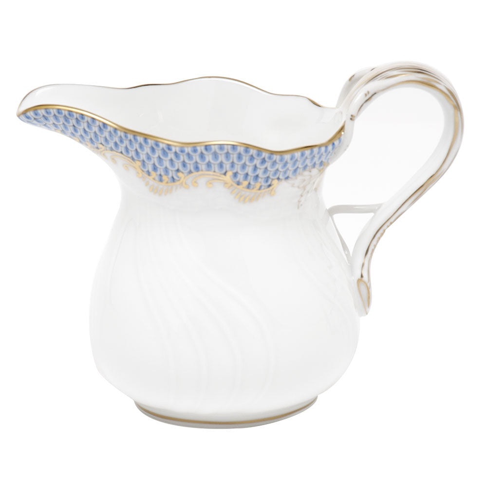 Hand-painted Herend Fish Scale Light Blue Creamer in fine porcelain, (6 OZ) 3.5in H, on a white background