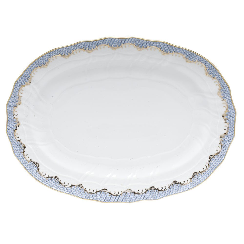 Hand-painted Herend Fish Scale Light Blue Platter in fine porcelain, 15in L X 11.5in W, on a white background