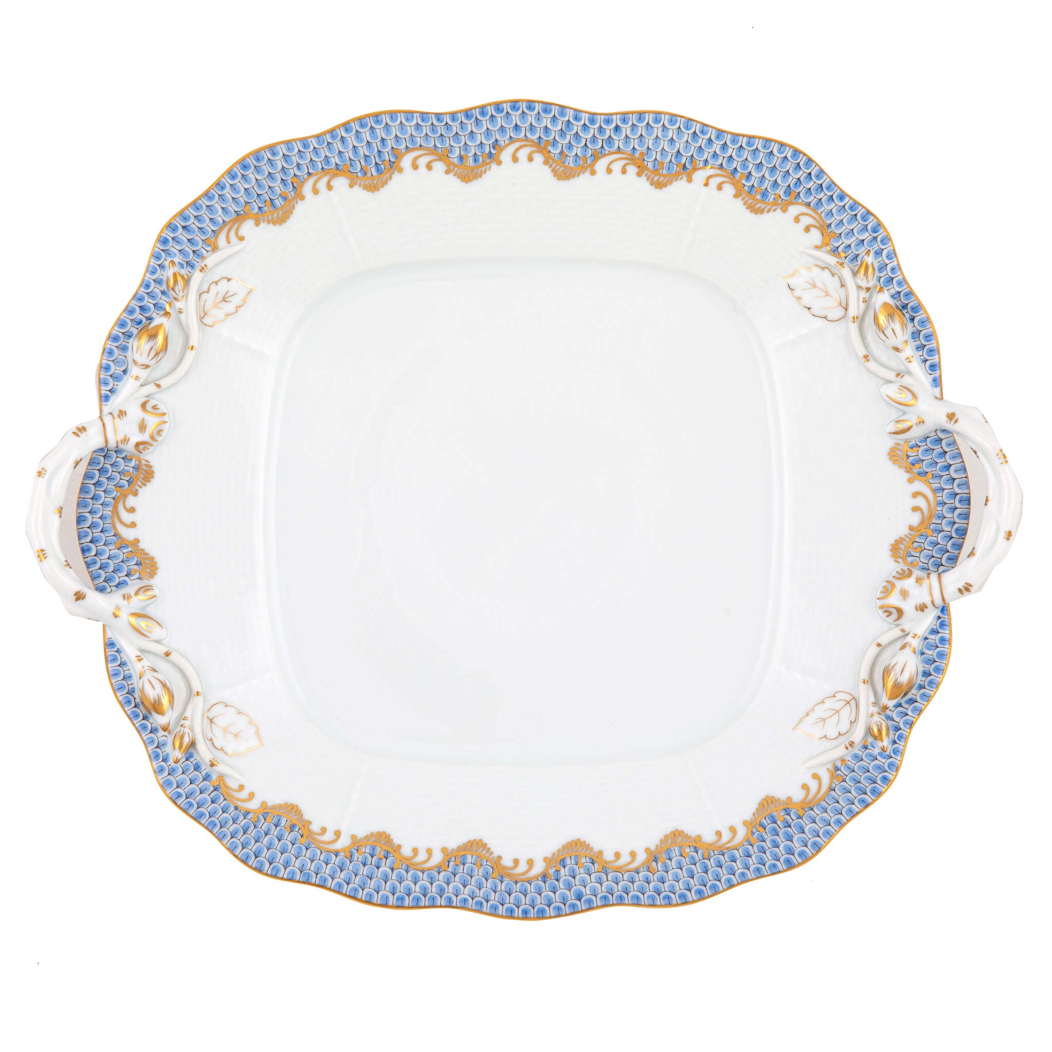 Hand-painted Herend Fish Scale Light Blue Square Cake Plate with Handles in fine porcelain, 9.5in SQ, on a white background