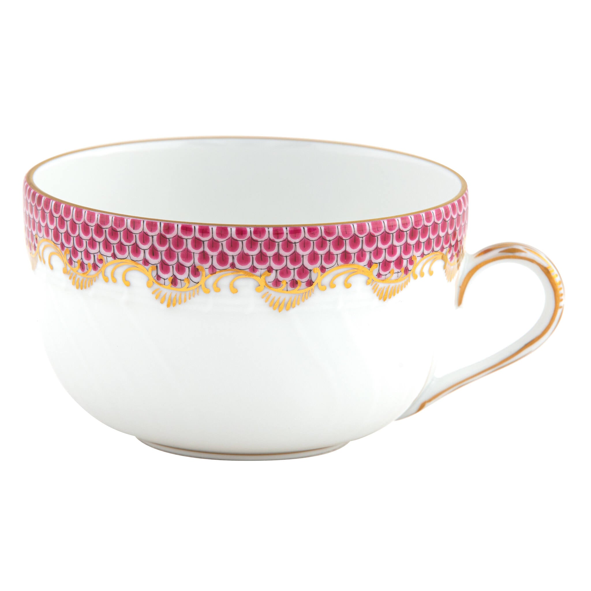 Hand-painted Herend Fish Scale Pink Canton Cup Teacup in fine porcelain, on a white background