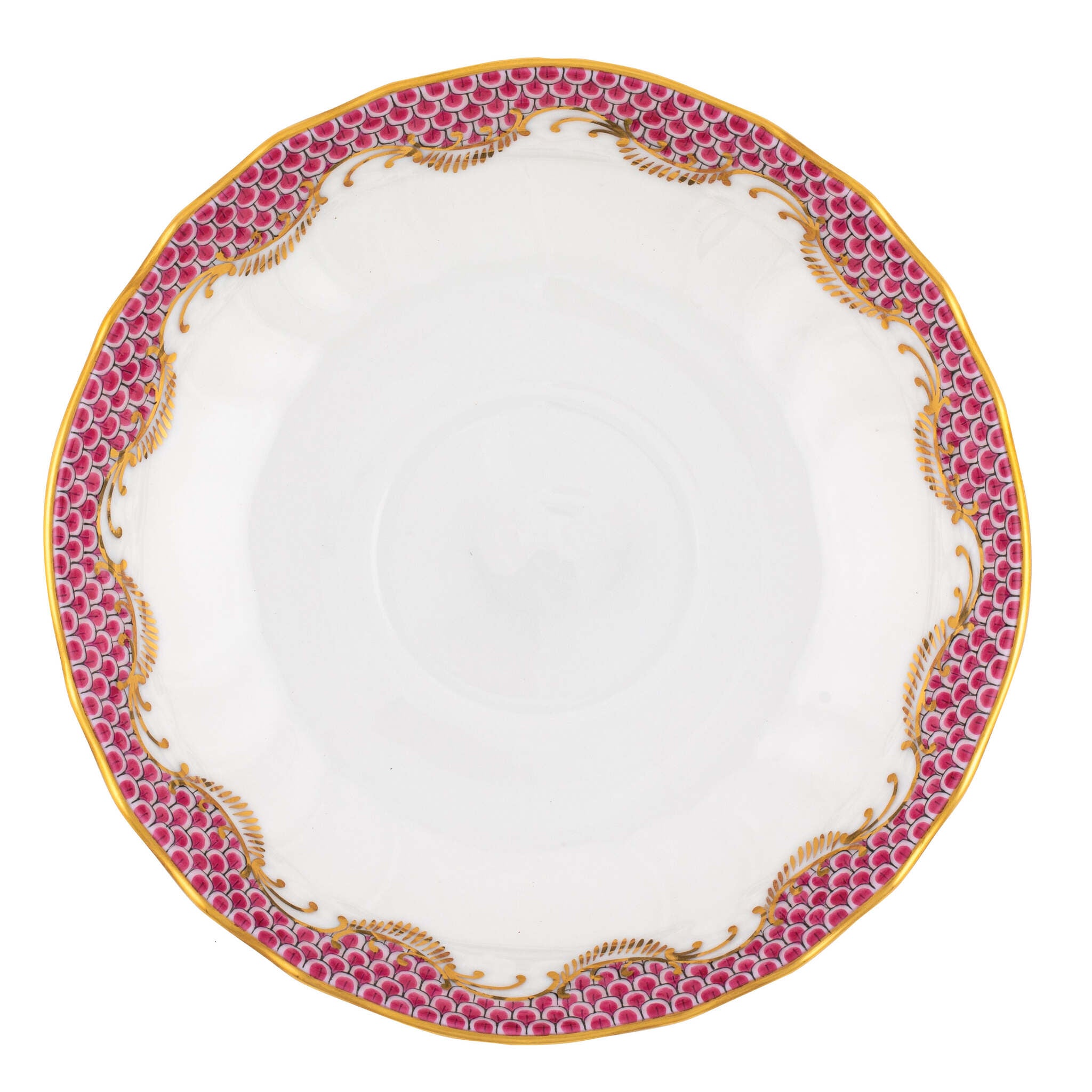 Hand-painted Herend Fish Scale Pink Canton Saucer in fine porcelain, 5.5in D, on a white background