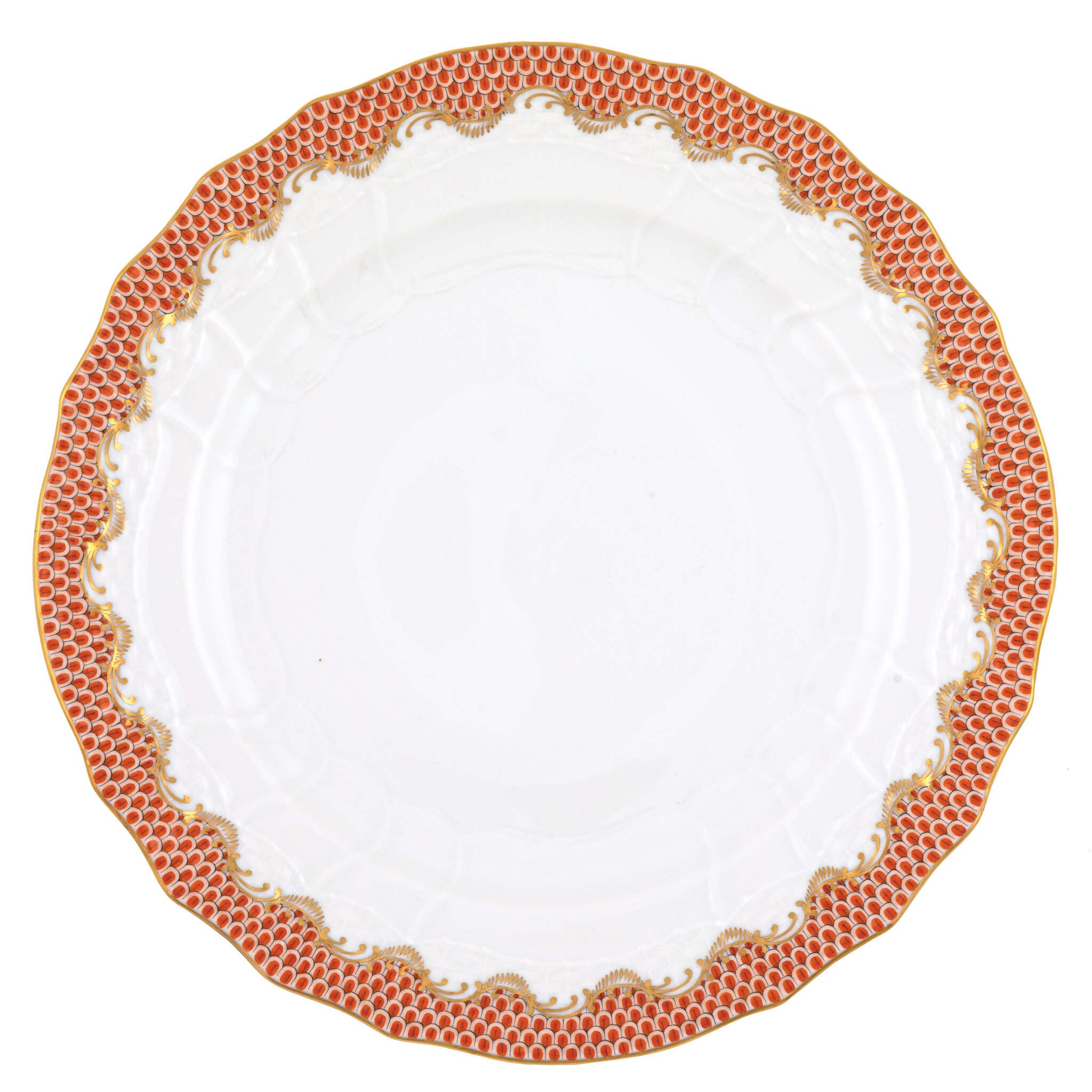 Hand-painted Herend Fish Scale Rust Service Plate in fine porcelain, 11in D, on a white background