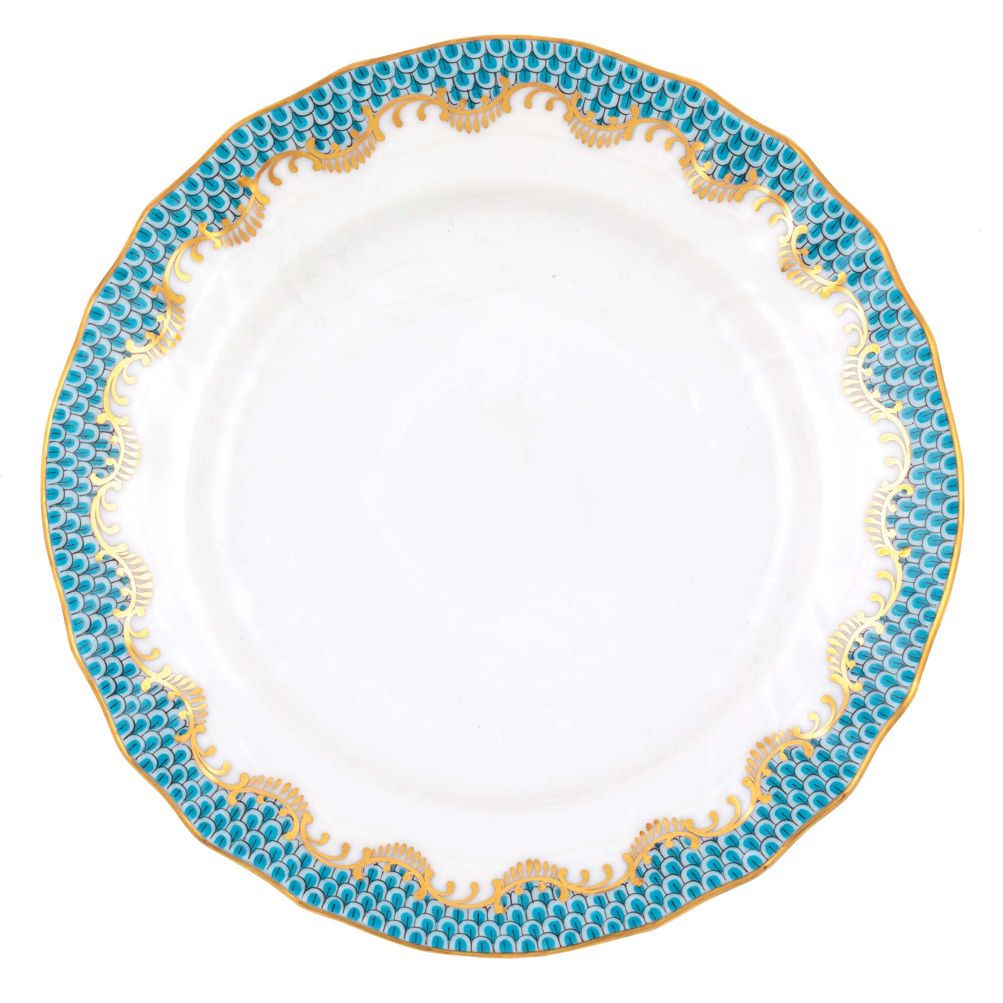 Hand-painted Herend Fish Scale Turquoise Bread and Butter Plate in fine porcelain, 6in D, on a white background