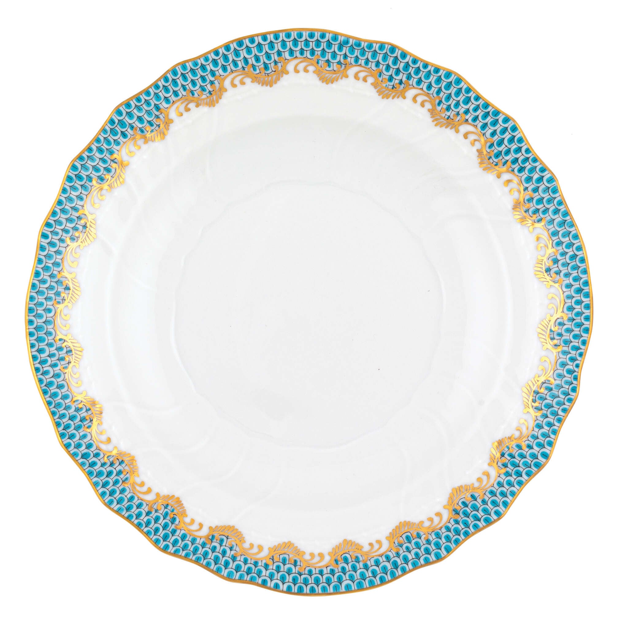 Hand-painted Herend Fish Scale Turquoise Salad Plate in fine porcelain, 7.5in D, on a white background