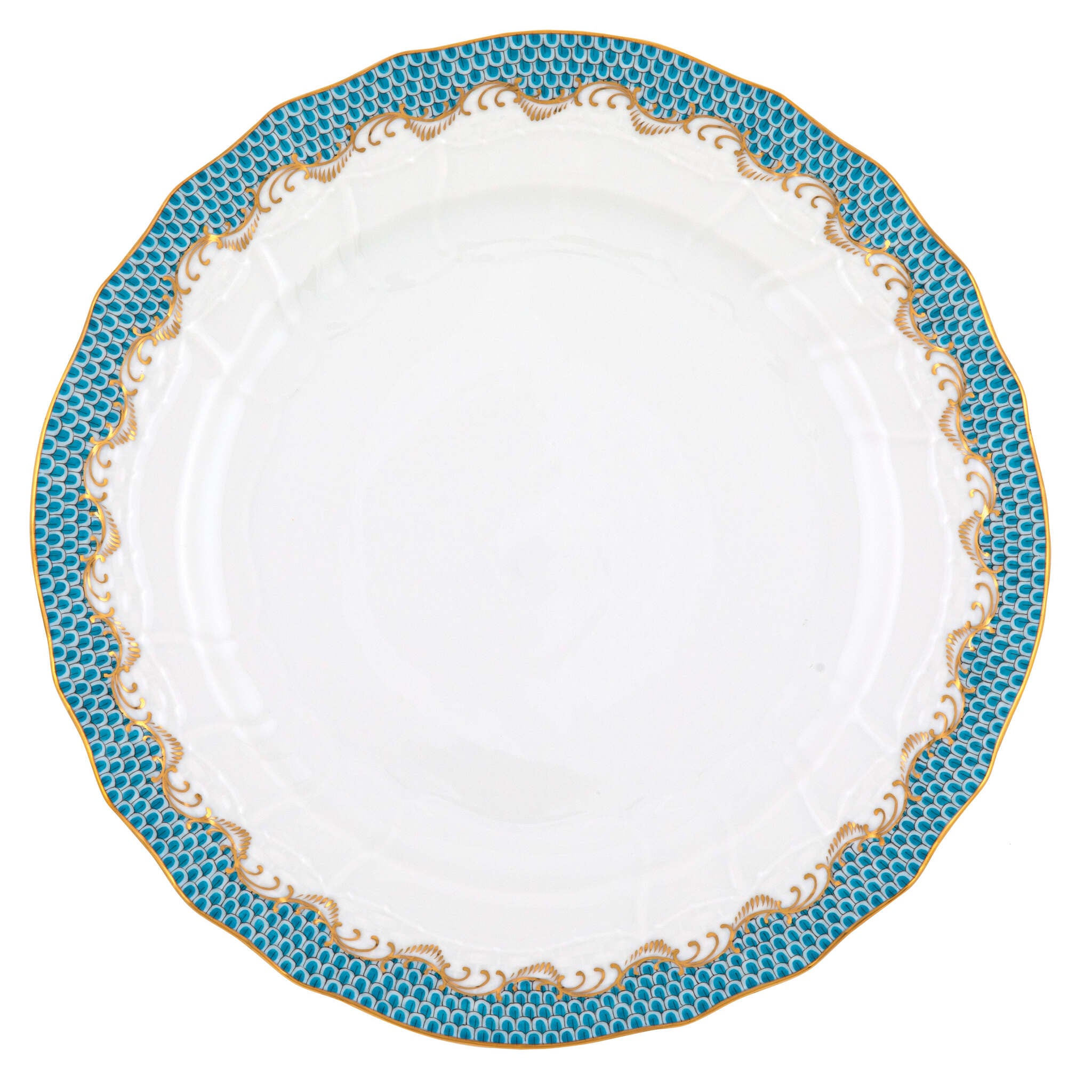 Hand-painted Herend Fish Scale Turquoise Service Plate in fine porcelain, 11in D, on a white background