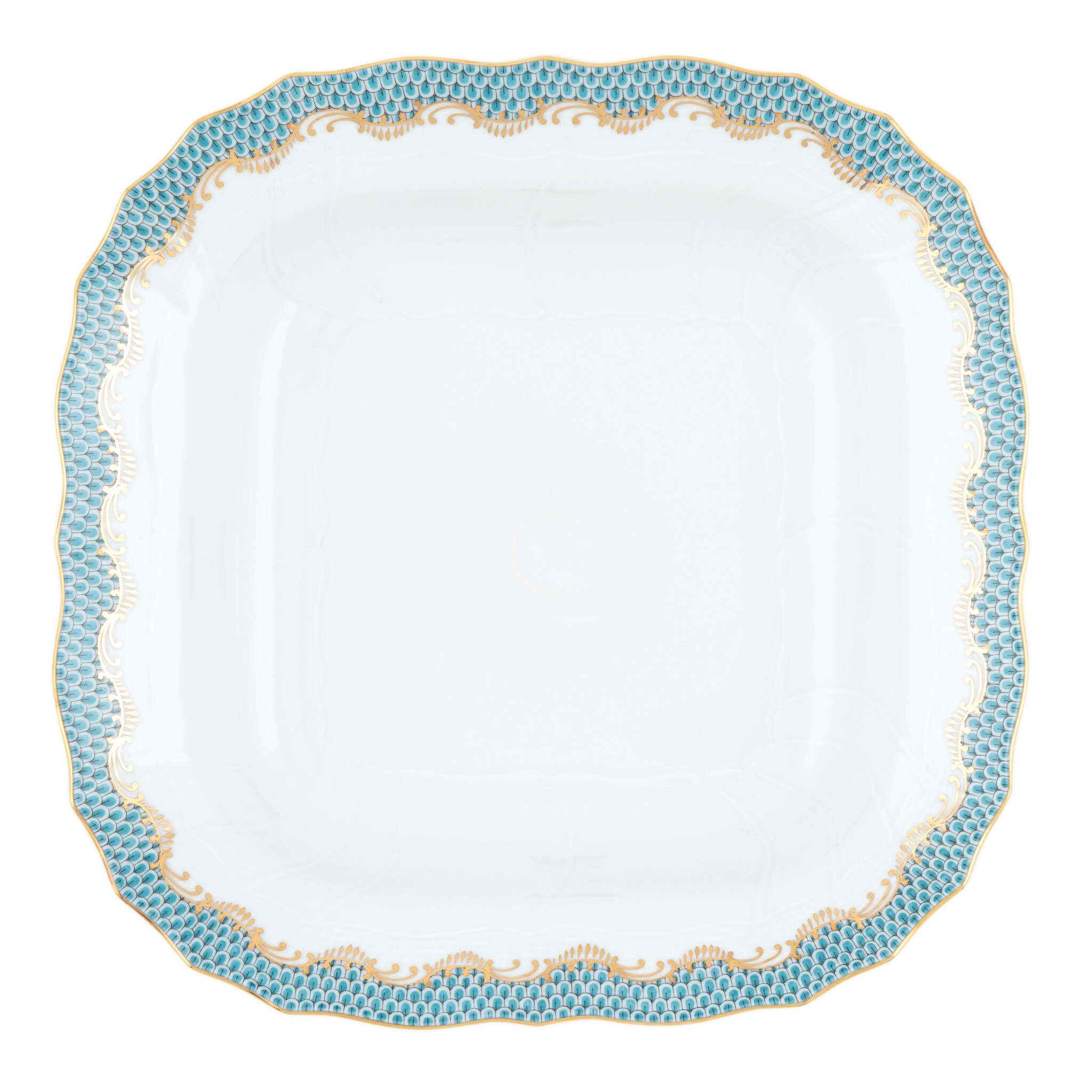 Hand-painted Herend Fish Scale Turquoise Square Fruit Dish in fine porcelain, 11in SQ, on a white background