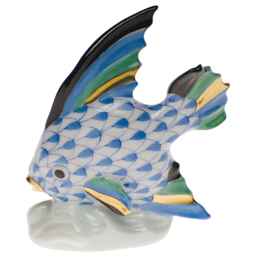 Hand-painted Herend Fish Table Ornament Figurine in Blue fishnet porcelain on a white background