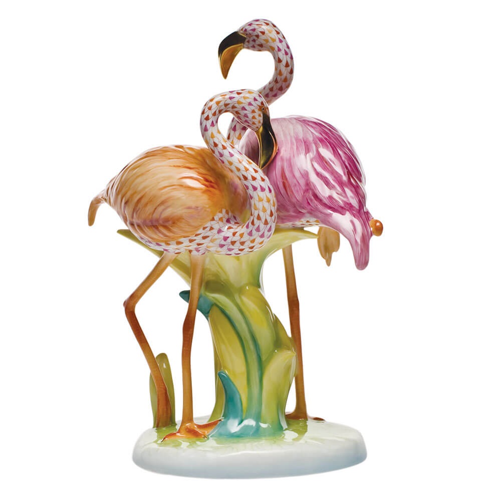 Hand-painted Herend Flamingo Duet Figurine in fine porcelain, 4.75in L X 11in H, on a white background