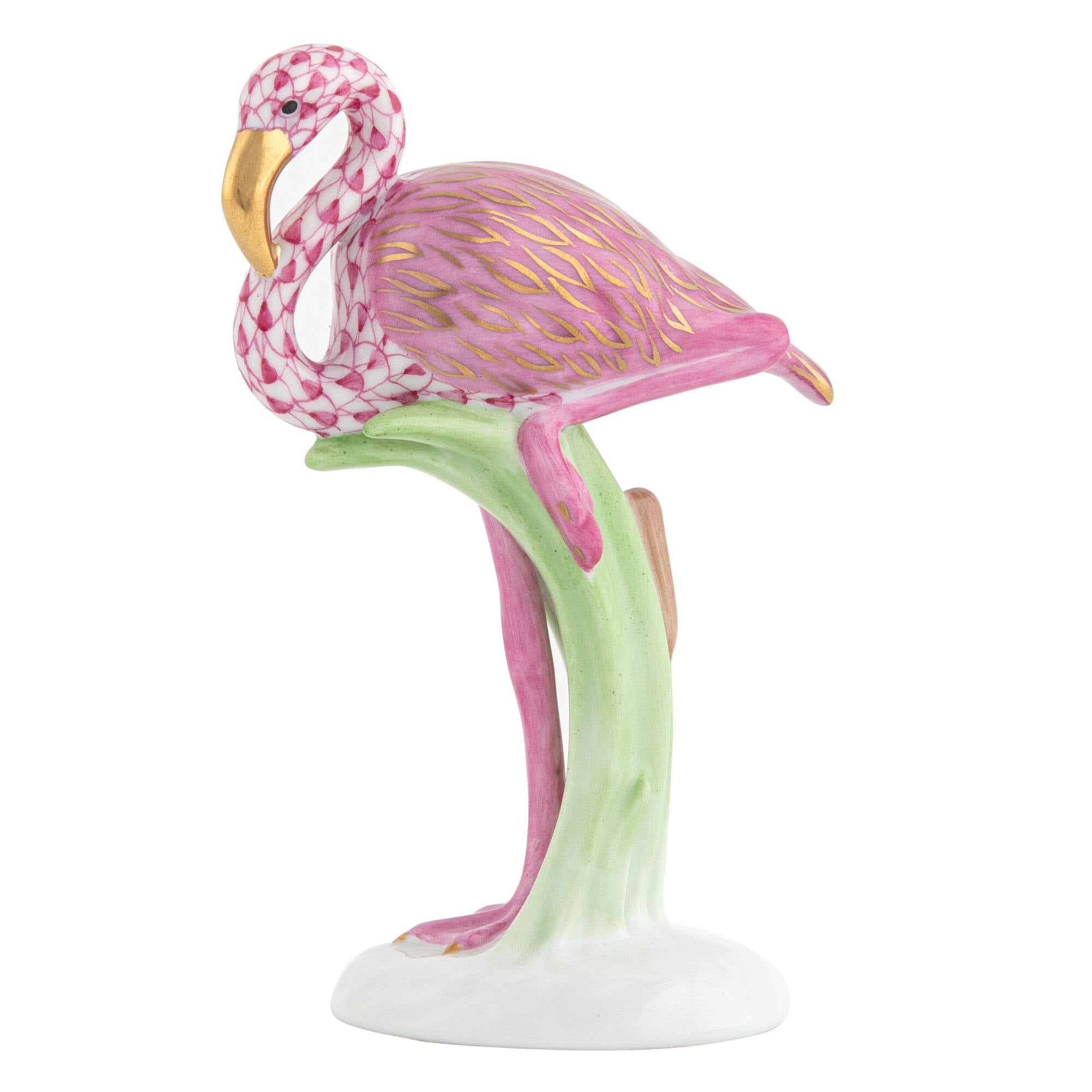 Raspberry fishnet Flamingo Figurine figurine, hand-painted Herend porcelain with 24k gold accents
