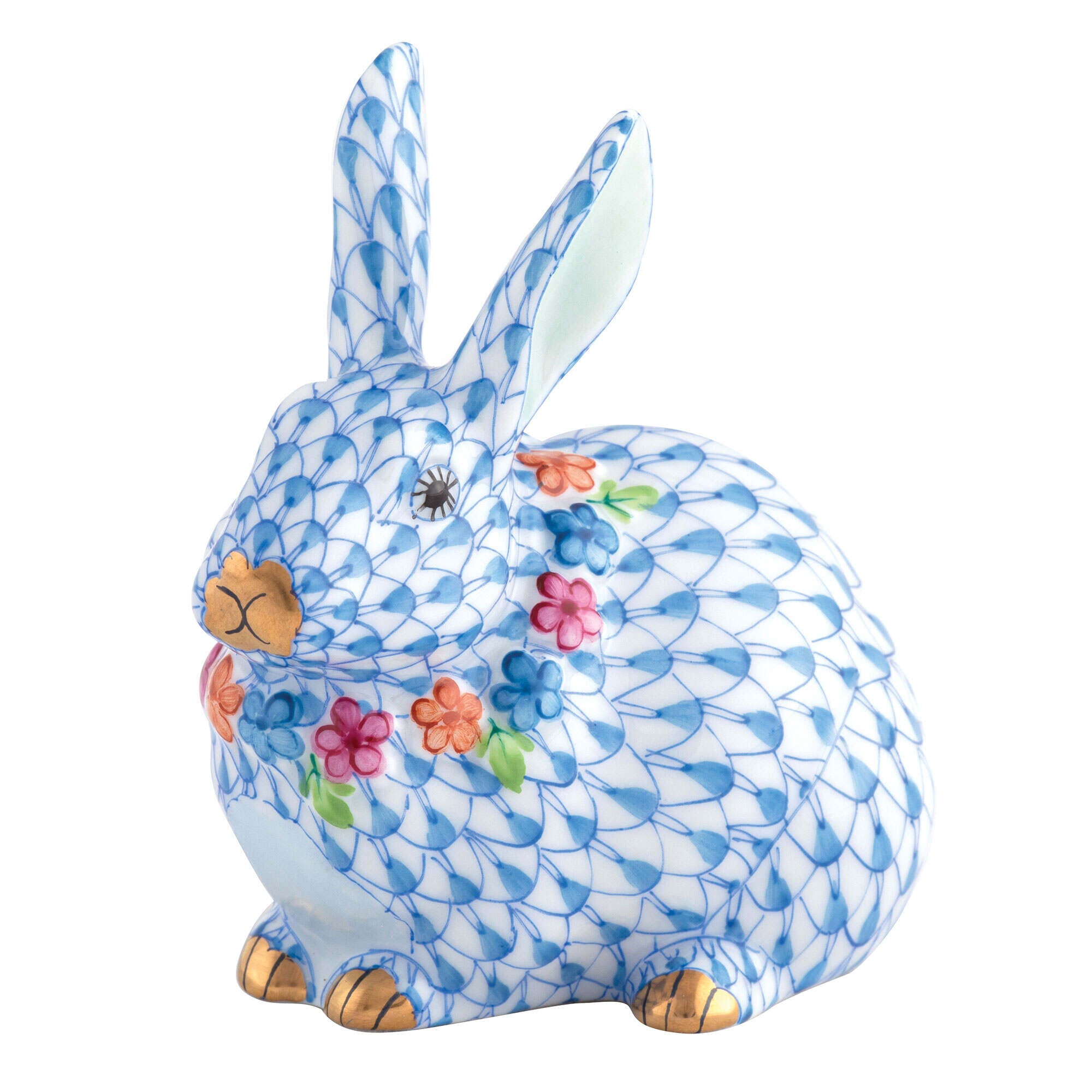 Hand-painted Herend Flower Bunny Figurine in Blue fishnet porcelain on a white background