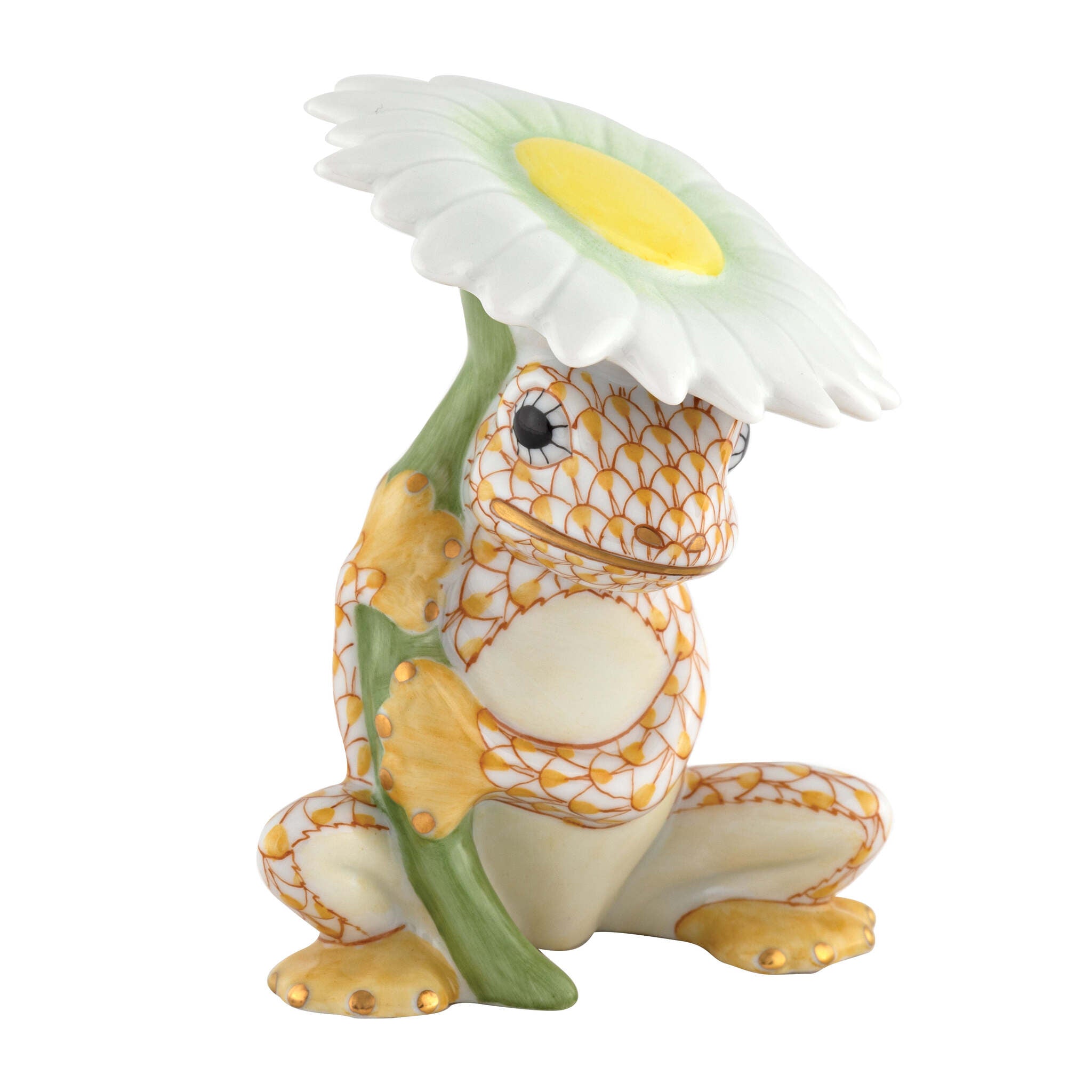 Hand-painted Herend Flower Frog Figurine in Butterscotch fishnet porcelain on a white background