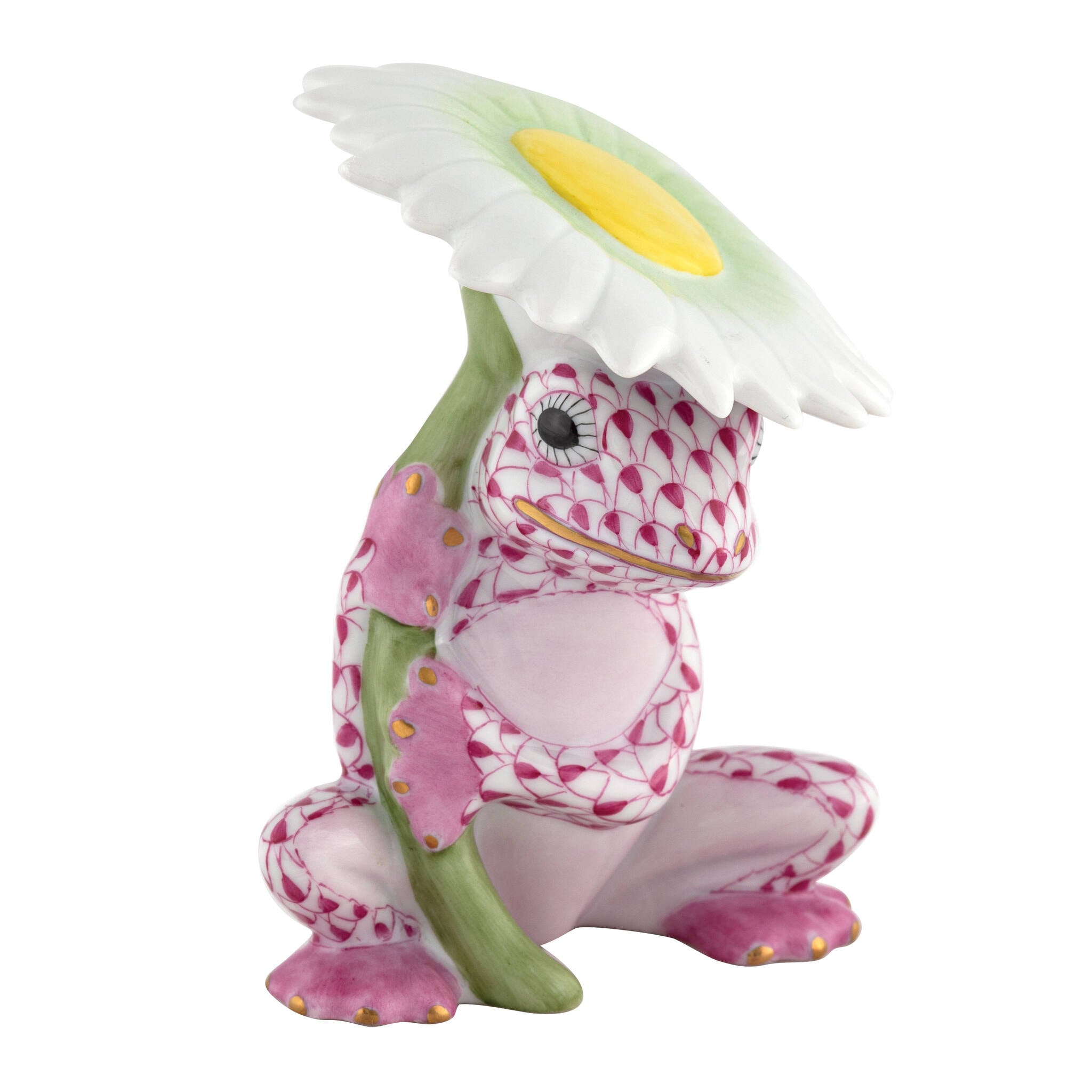 Herend Flower Frog Figurine porcelain figurine painted in the Raspberry fishnet pattern