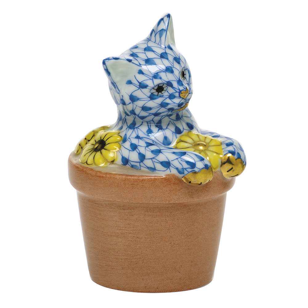 Hand-painted Herend Flower Pot Kitty Figurine in Blue fishnet porcelain on a white background