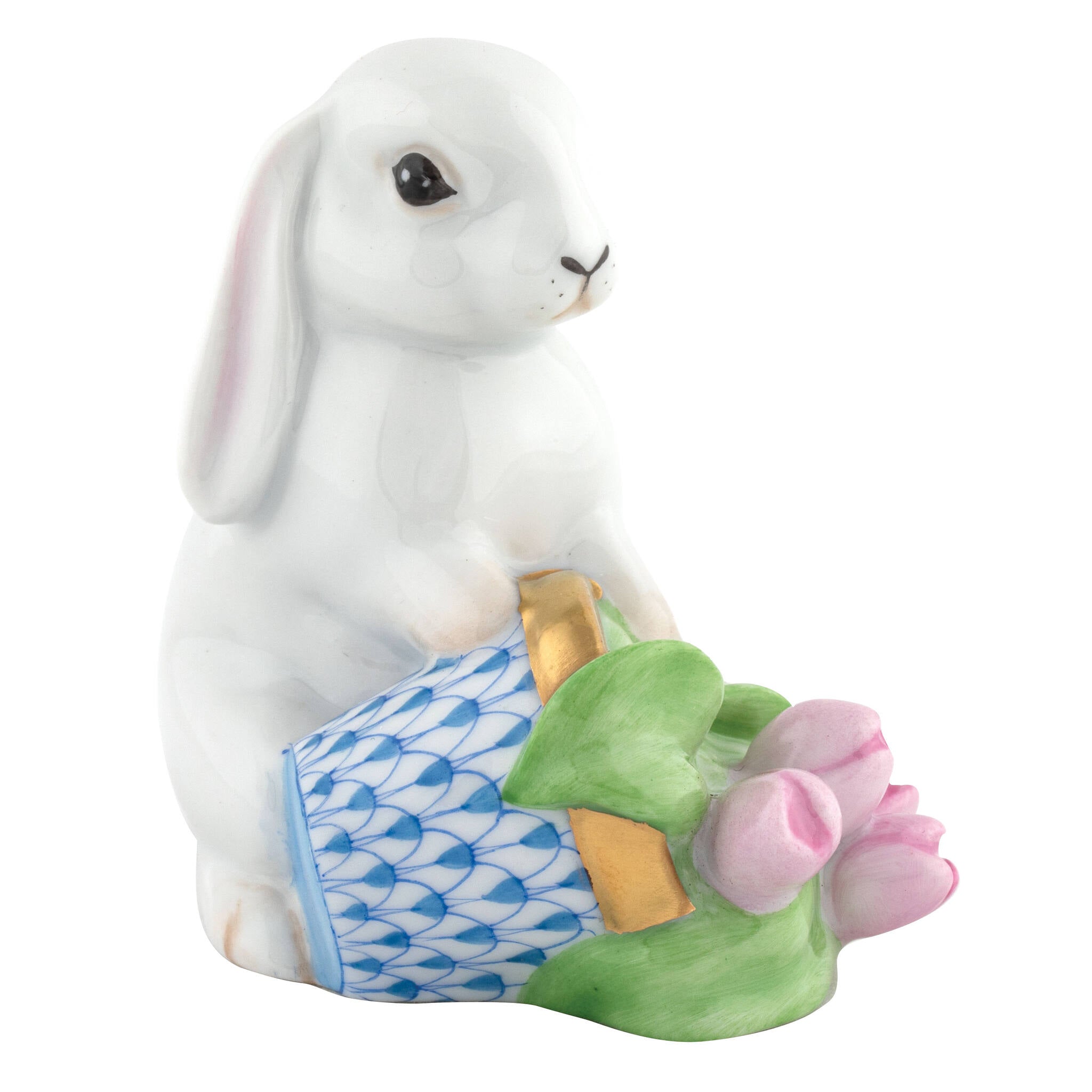 Hand-painted Herend Flowerpot Bunny Figurine in Blue fishnet porcelain on a white background