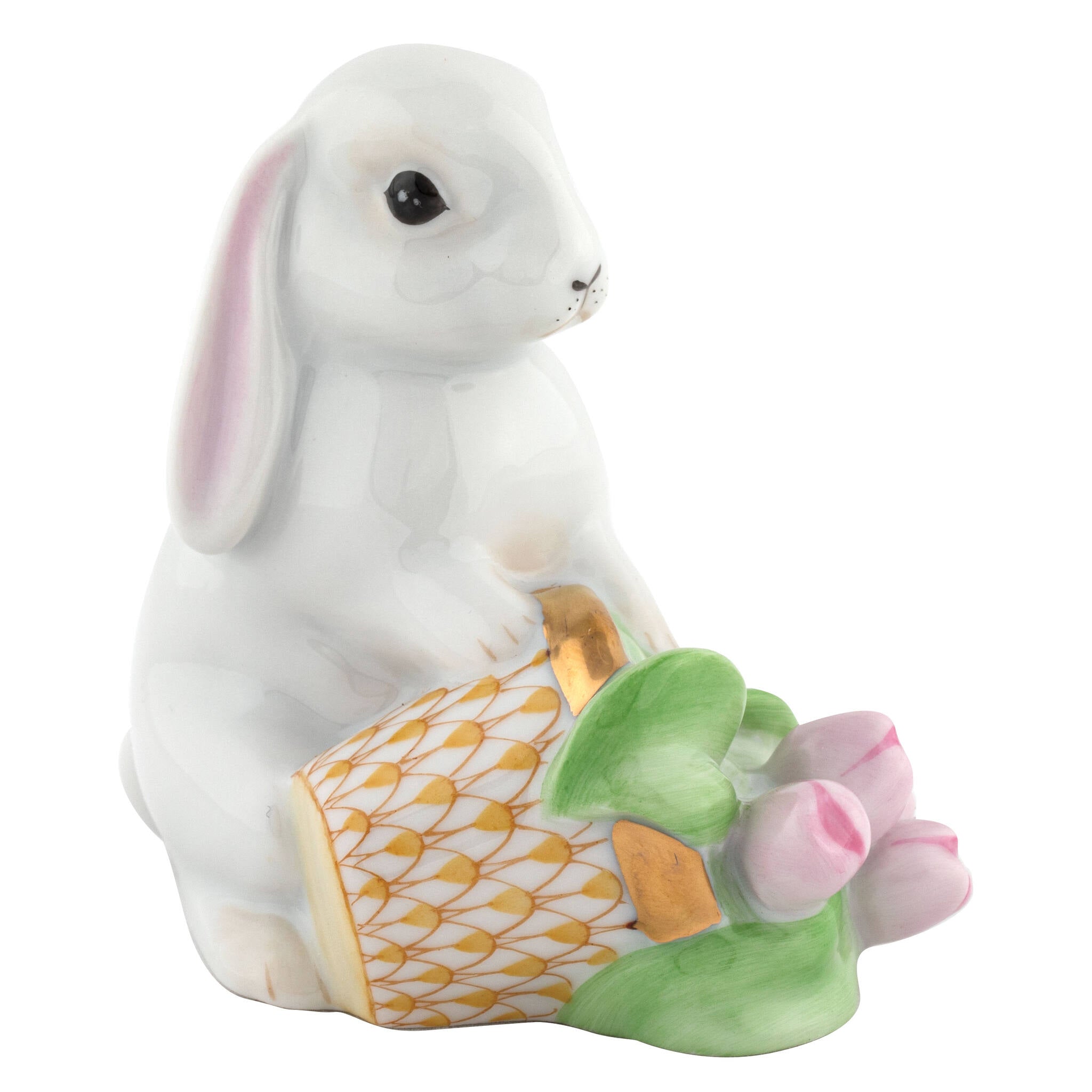 Butterscotch fishnet Flowerpot Bunny Figurine figurine, hand-painted Herend porcelain with 24k gold accents