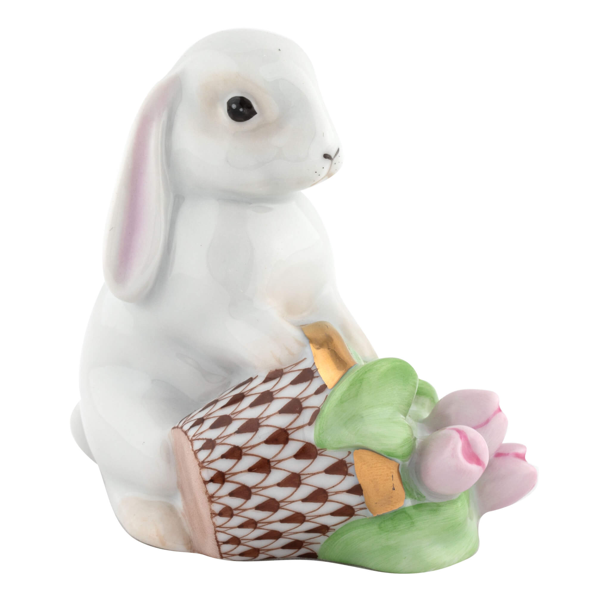 Herend Flowerpot Bunny figurine in Chocolate with chocolate brown fishnet pattern with gold accents on a white background