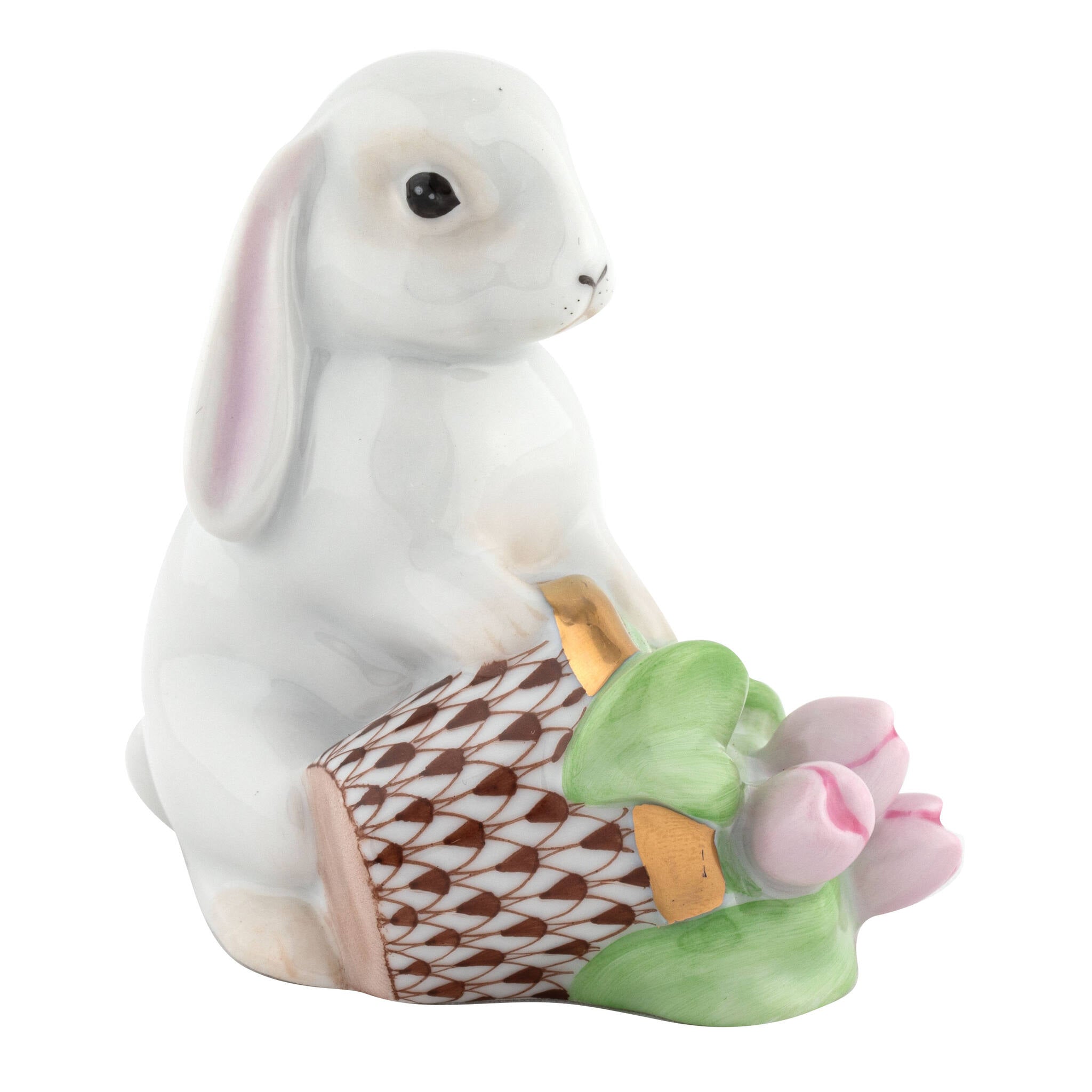 Herend Flowerpot Bunny Figurine porcelain figurine painted in the Chocolate fishnet pattern