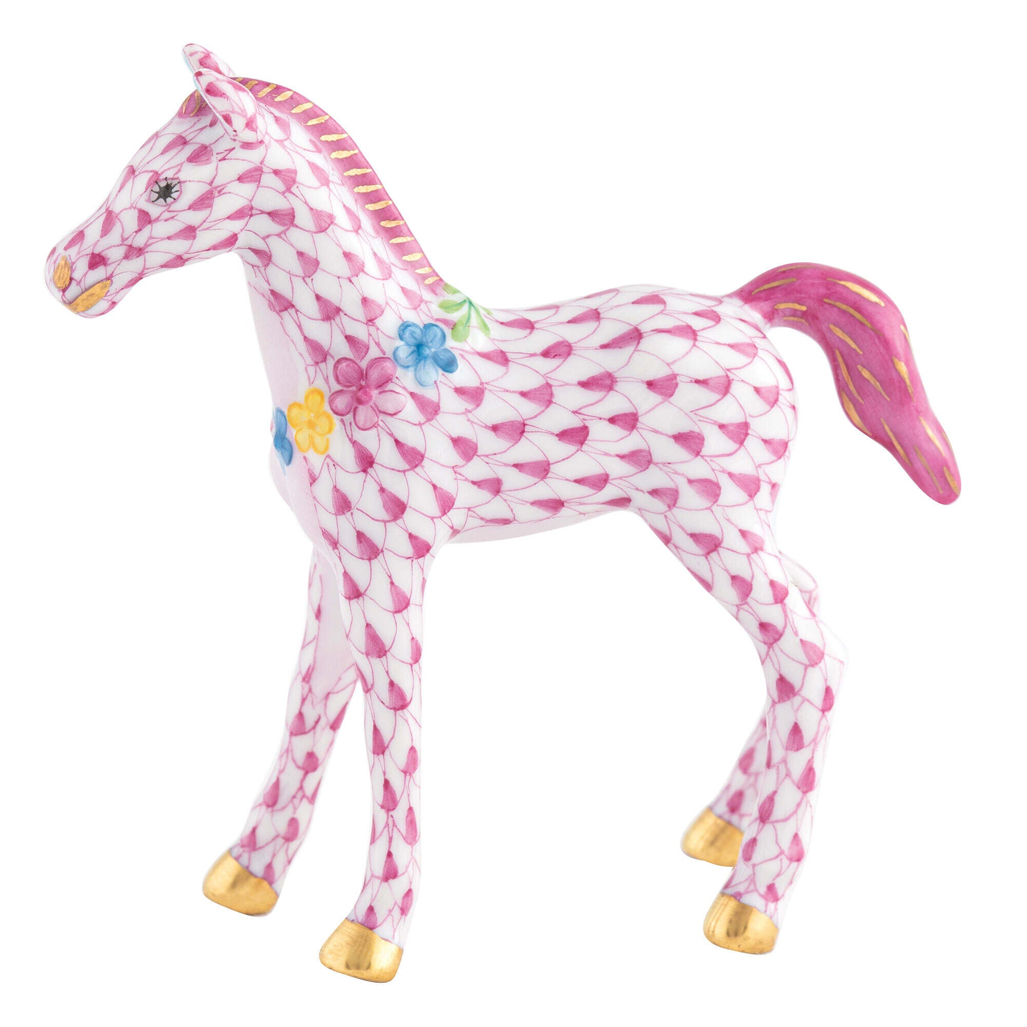 Herend Foal with Flowers Figurine porcelain figurine painted in the Raspberry fishnet pattern