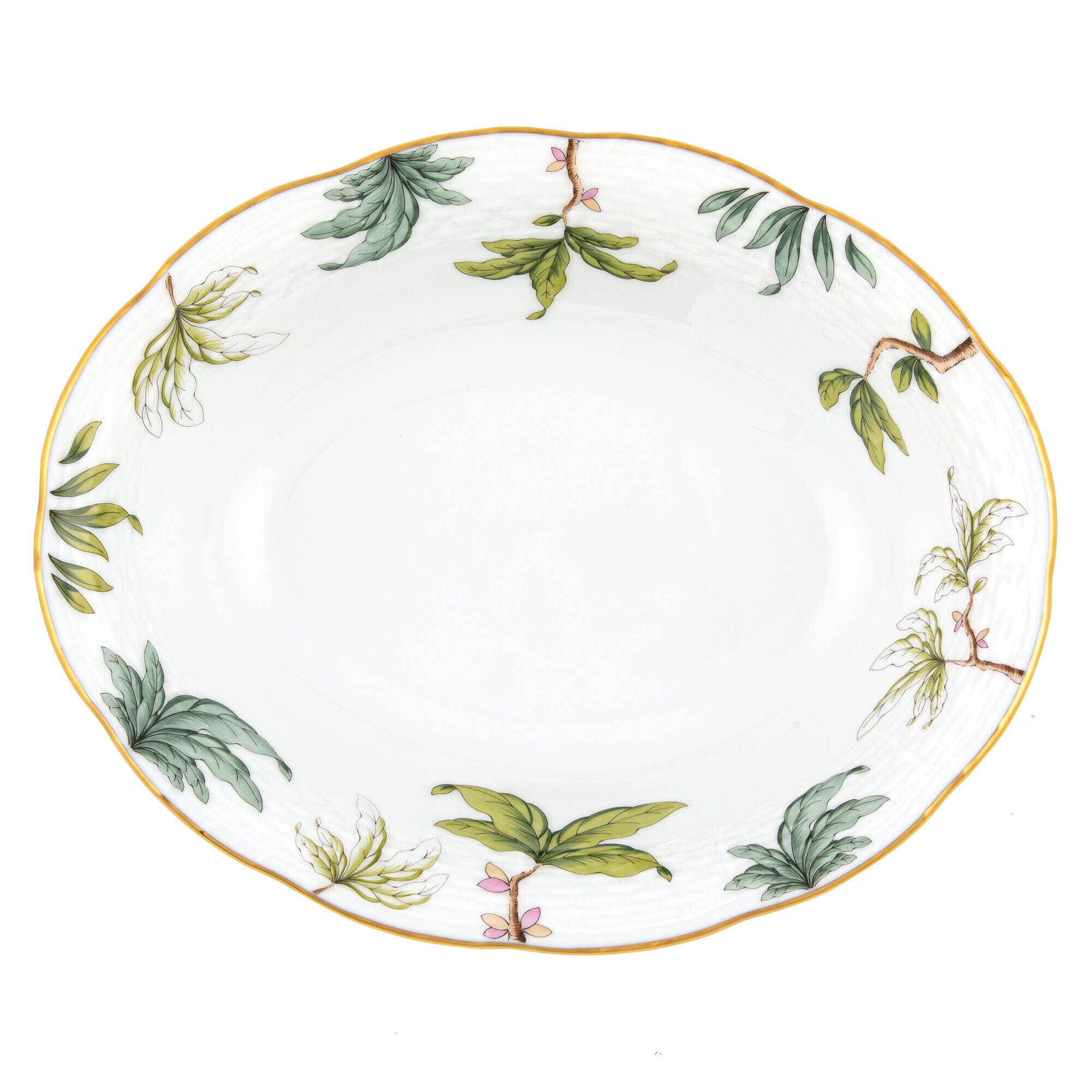 Hand-painted Herend Foret Garland Oval Vegetable Dish Serving Bowl in fine porcelain, 10in L X 8in W, on a white background