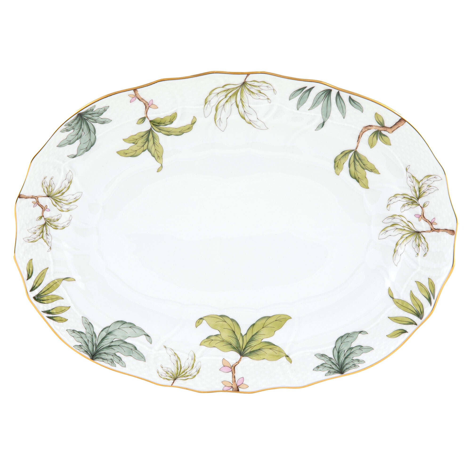 Hand-painted Herend Foret Garland Platter in fine porcelain, 15in L X 11.5in W, on a white background
