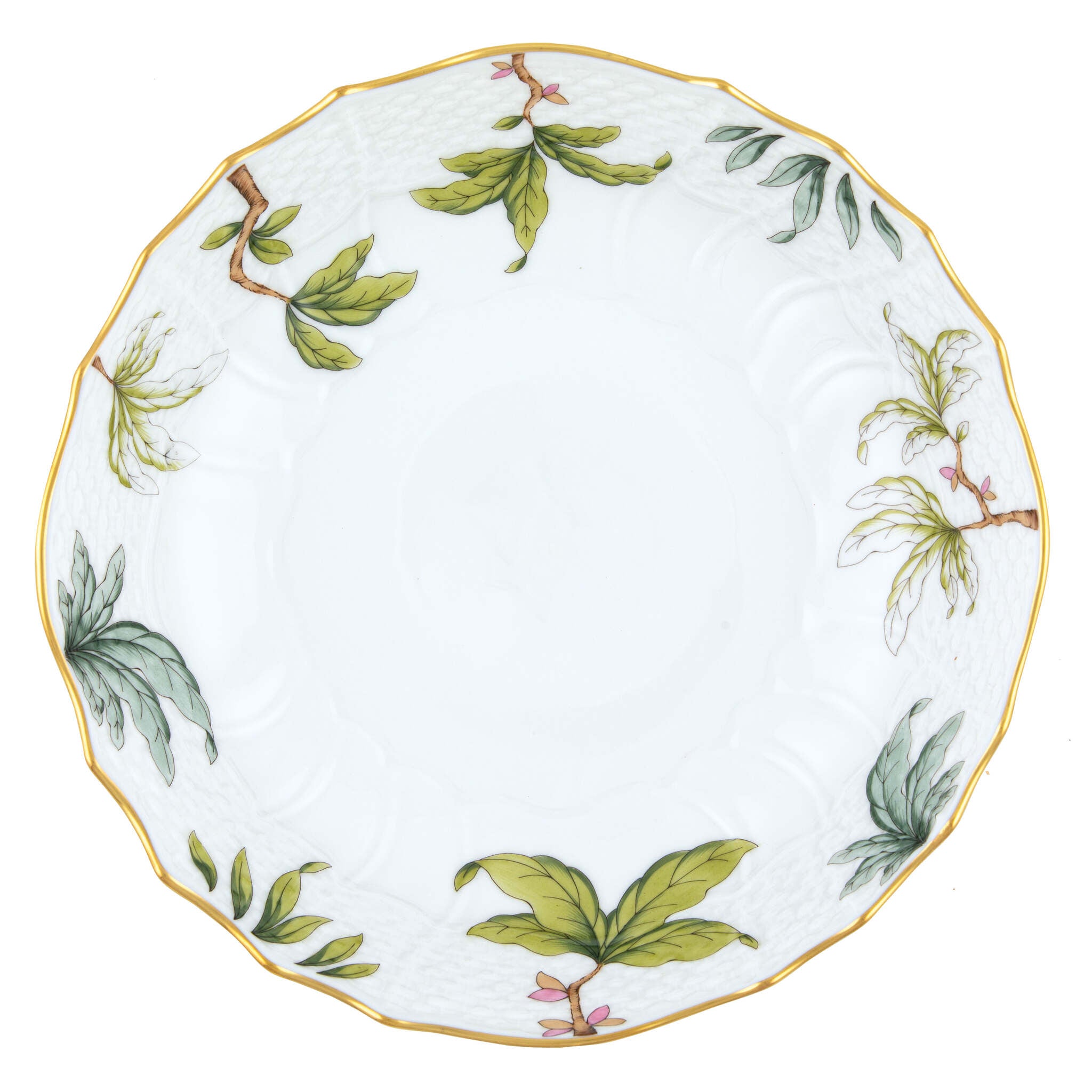Hand-painted Herend Foret Garland Scalloped Dinner Bowl in fine porcelain, 8in D X 2in H, on a white background