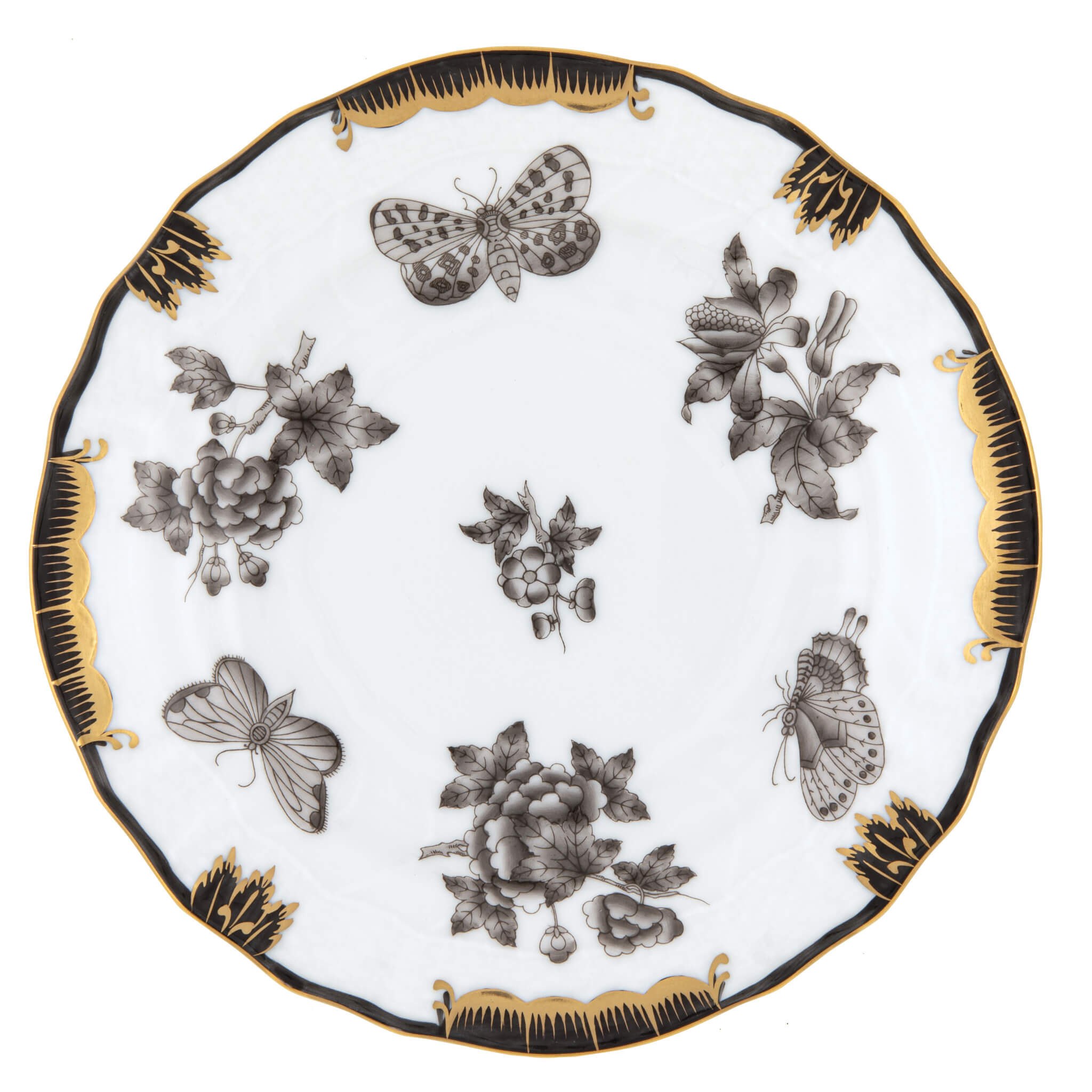 Herend Fortuna Black Bread and Butter Plate in Black - Hand-painted Hungarian porcelain by Herend. Paris Tableware.