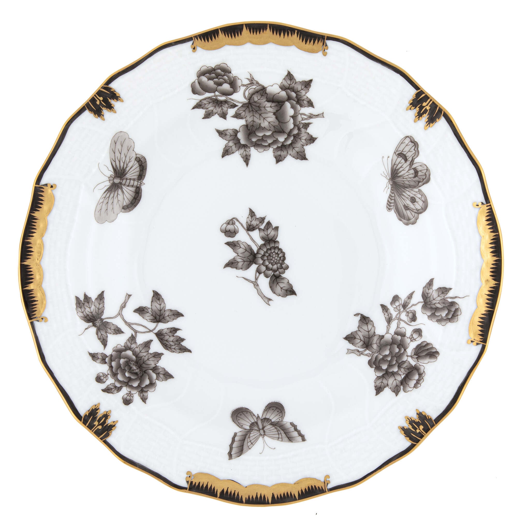 Hand-painted Herend Fortuna Black Dessert Plate in fine porcelain, 8.25in D, on a white background