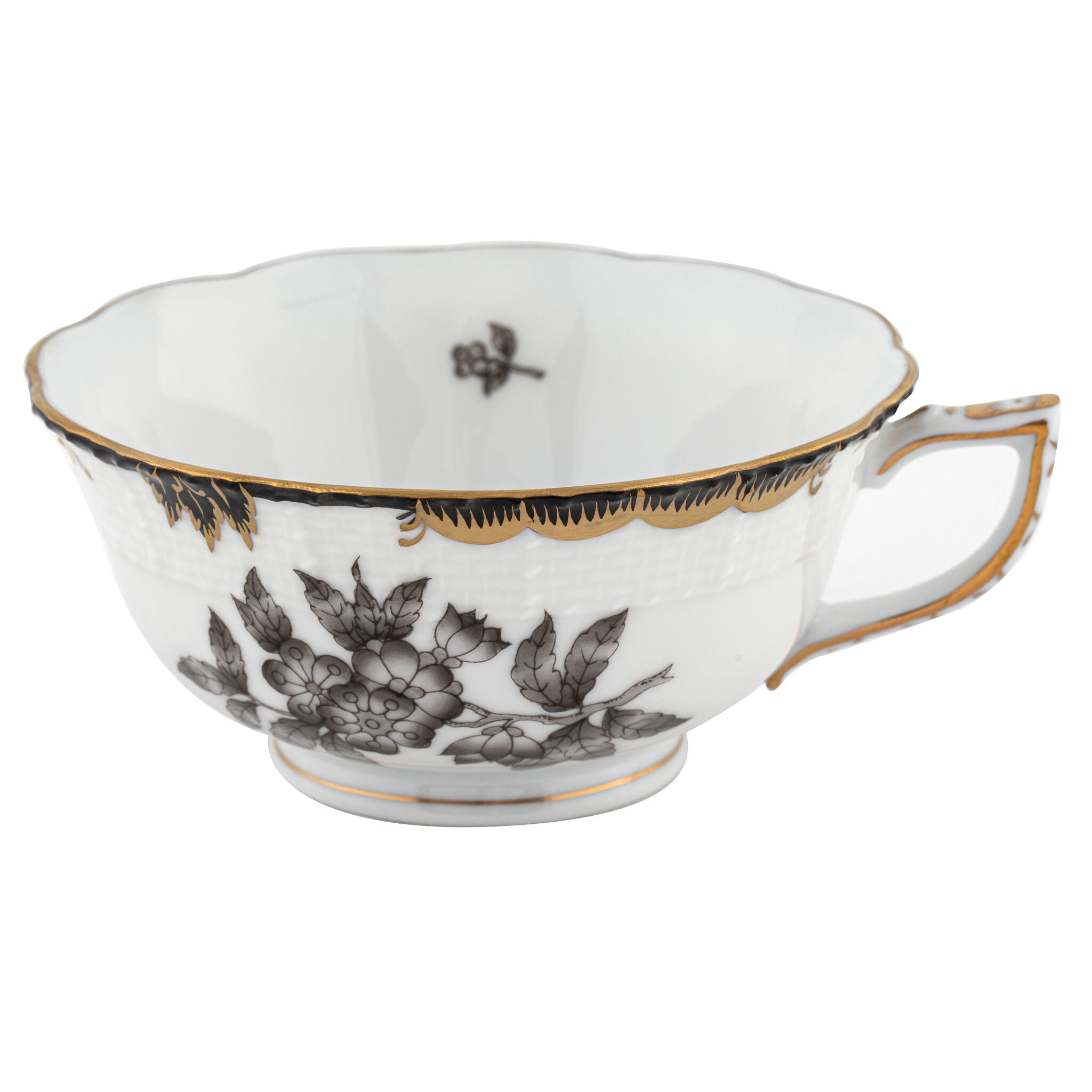 Hand-painted Herend Fortuna Black Tea Cup Teacup in fine porcelain, on a white background