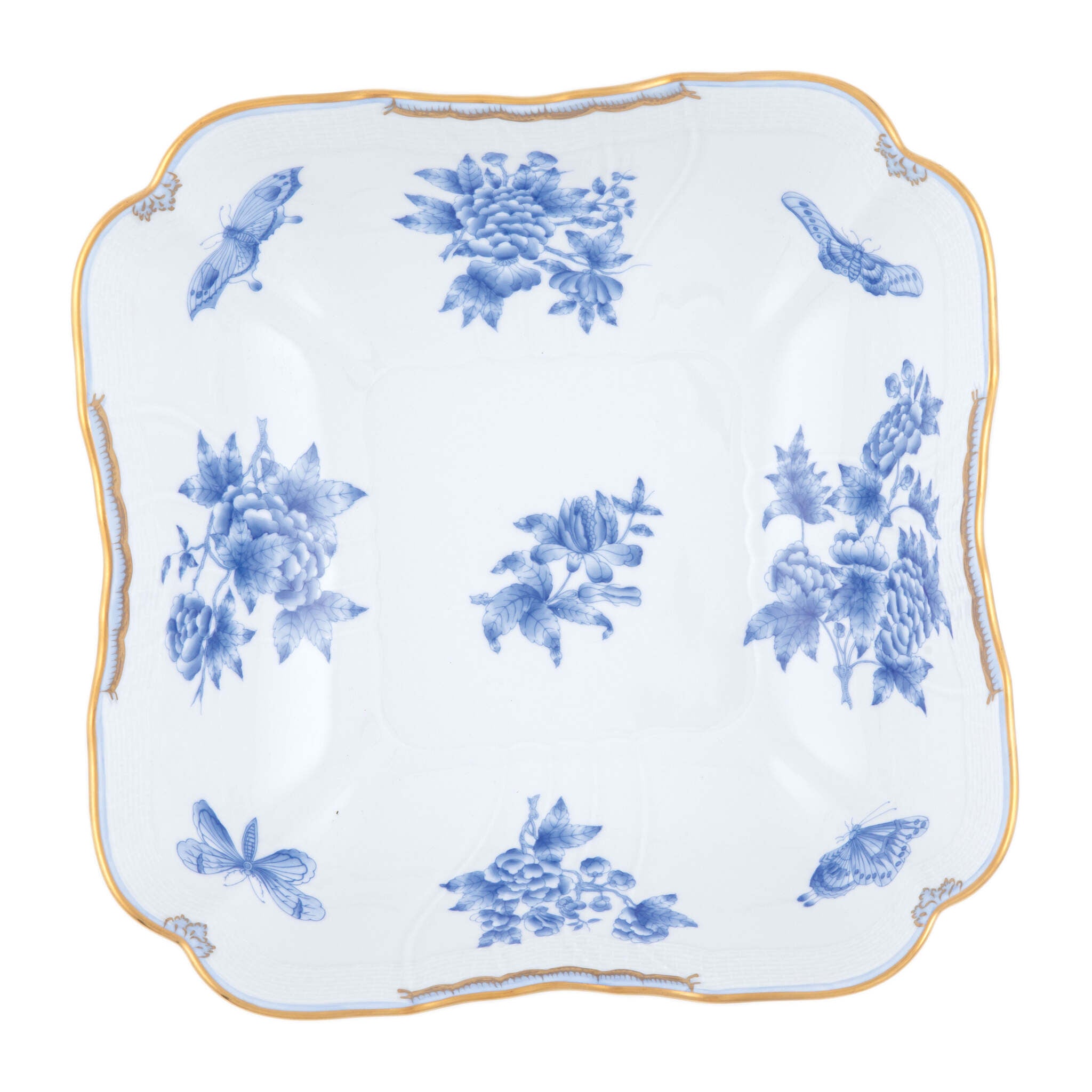 Hand-painted Herend Fortuna Blue Square Salad Bowl in fine porcelain, 10in SQ, on a white background