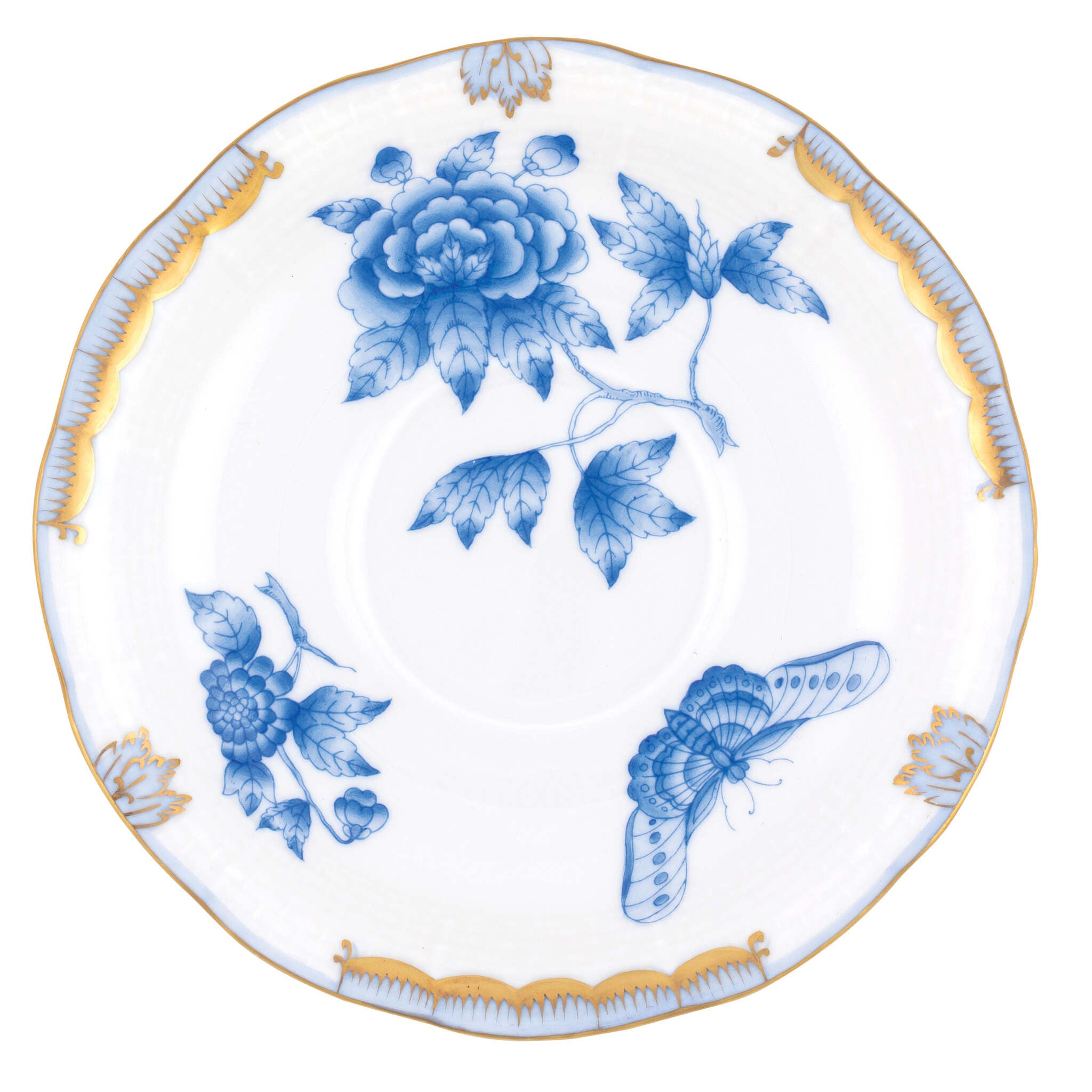 Hand-painted Herend Fortuna Blue Tea Saucer Cup & Saucer Set in fine porcelain, 6in D, on a white background