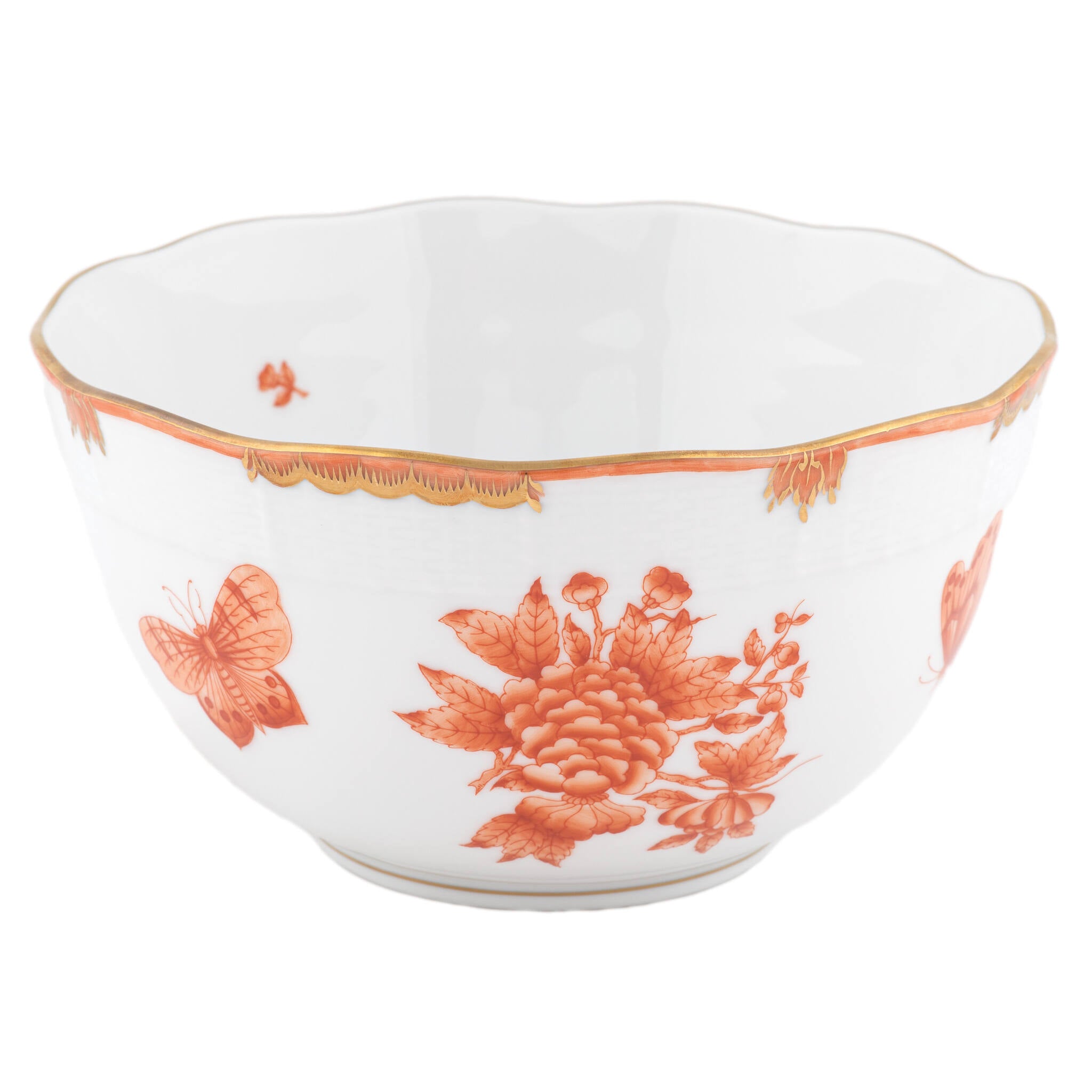 Hand-painted Herend Fortuna Rust Round Bowl in fine porcelain, (3.5 PT) 7.5in D, on a white background