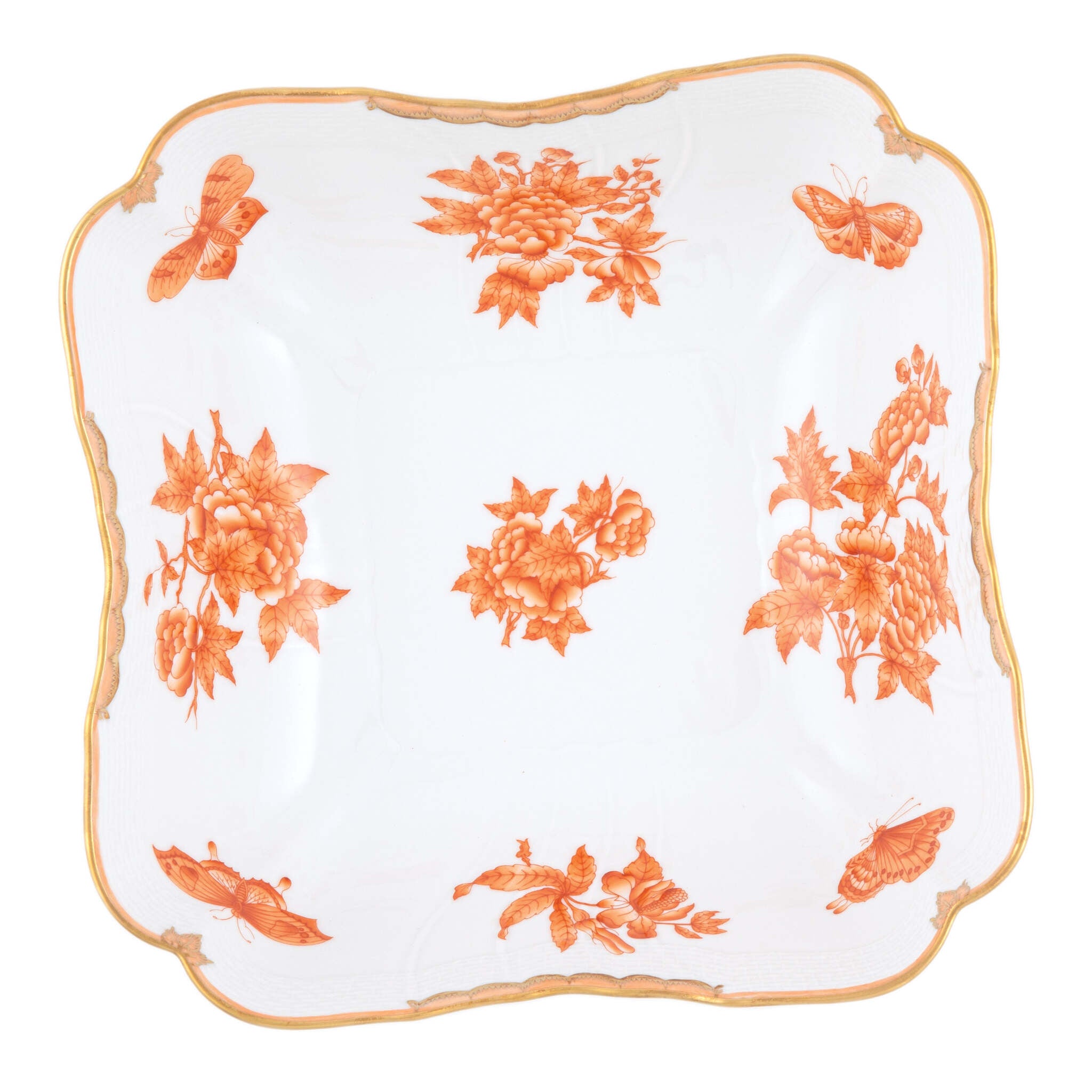 Hand-painted Herend Fortuna Rust Square Salad Bowl in fine porcelain, 10in SQ, on a white background