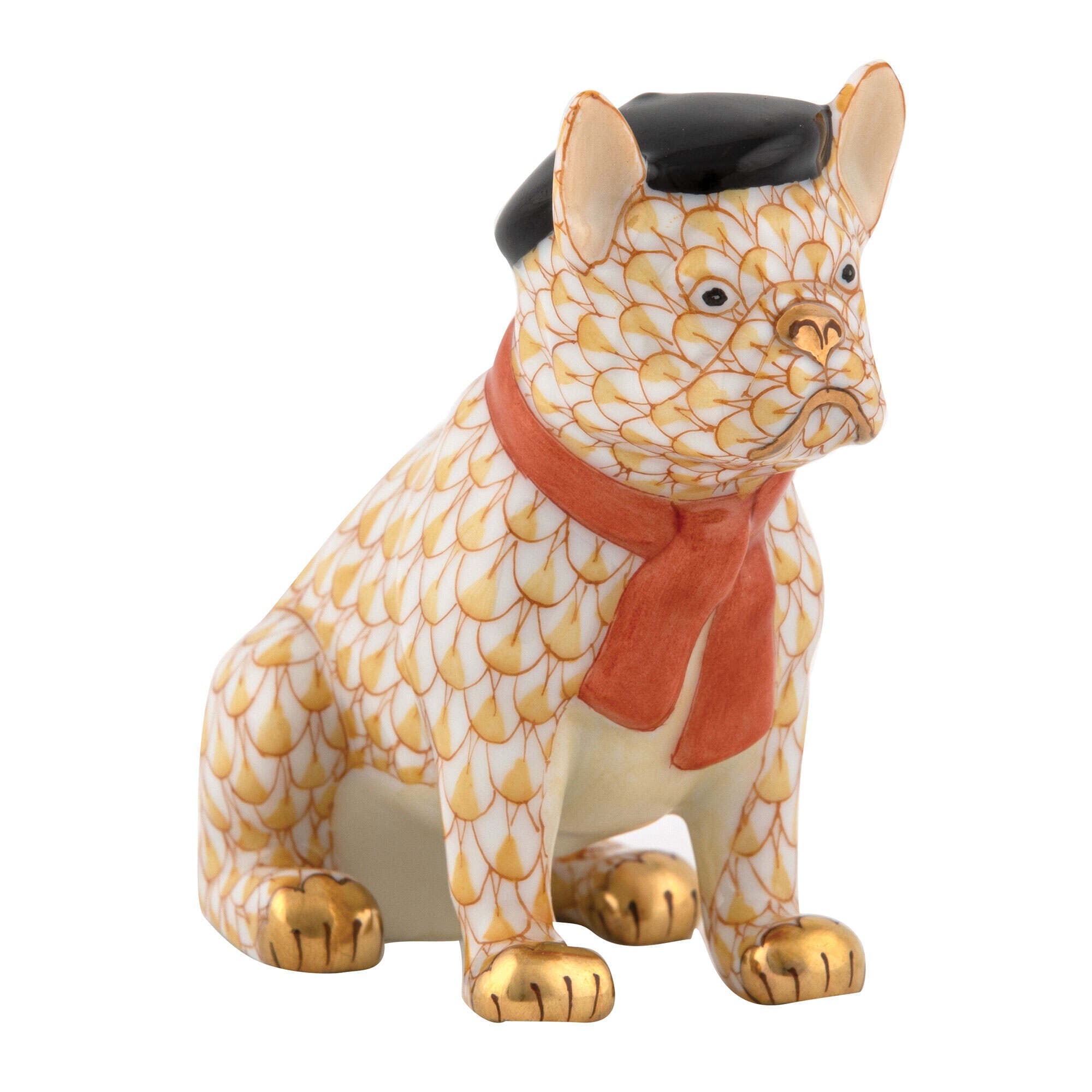 Herend French Frenchie Figurine porcelain figurine painted in the Butterscotch fishnet pattern