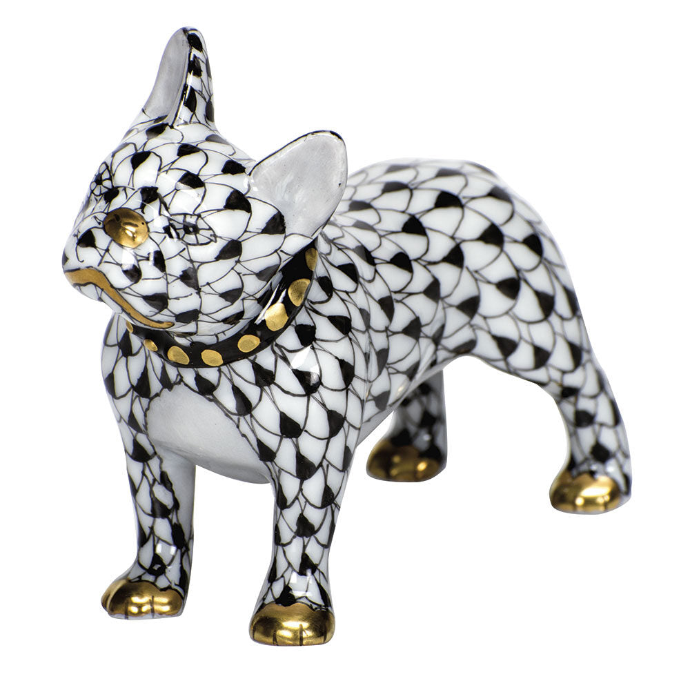 Hand-painted Herend Frenchie Figurine in Black fishnet porcelain on a white background
