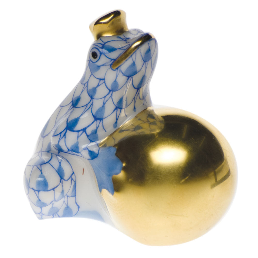 Blue fishnet Frog with Crown Figurine figurine, hand-painted Herend porcelain with 24k gold accents
