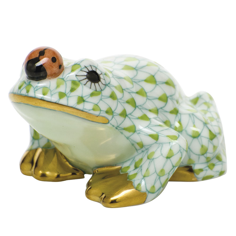 Herend Frog with Ladybug Figurine porcelain figurine painted in the Key Lime fishnet pattern