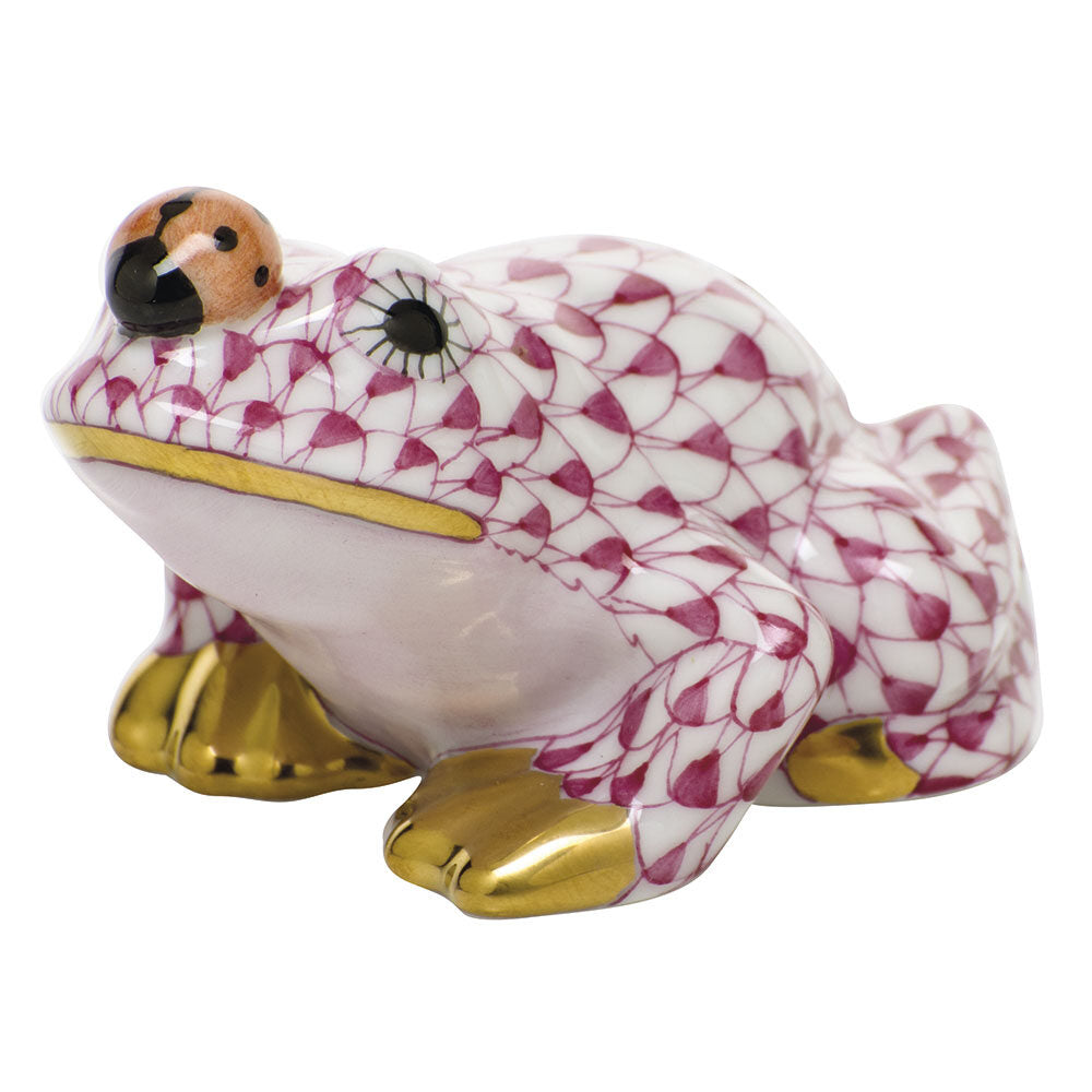 Raspberry fishnet Frog with Ladybug Figurine figurine, hand-painted Herend porcelain with 24k gold accents