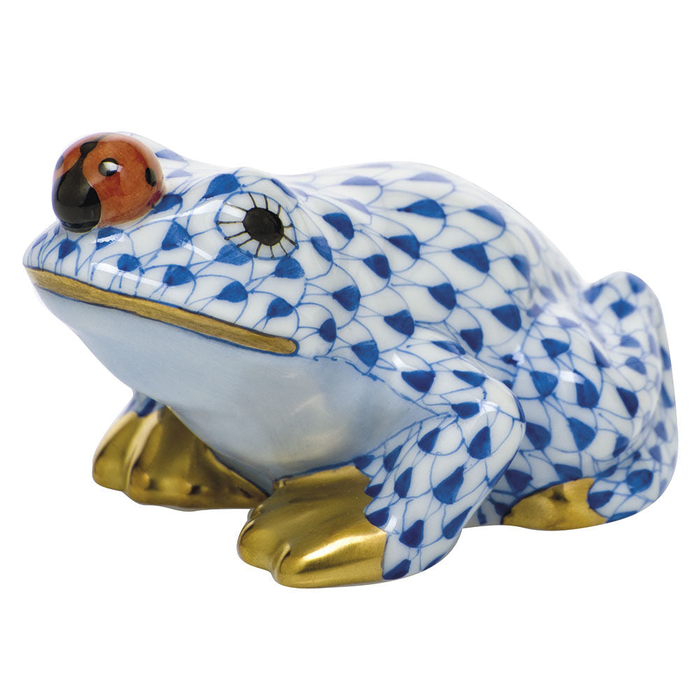 Sapphire fishnet Frog with Ladybug Figurine figurine, hand-painted Herend porcelain with 24k gold accents