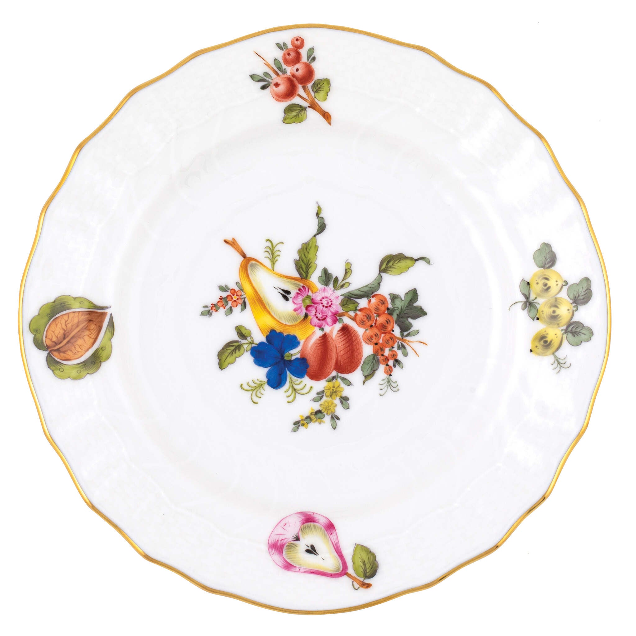 Hand-painted Herend Fruits and Flowers Bread and Butter Plate in fine porcelain, 6in D,, Motif 3, on a white background