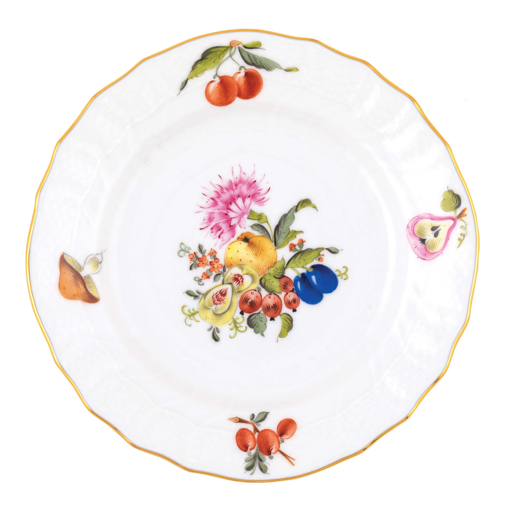 Hand-painted Herend Fruits and Flowers Bread and Butter Plate in fine porcelain, 6in D,, Motif 5, on a white background