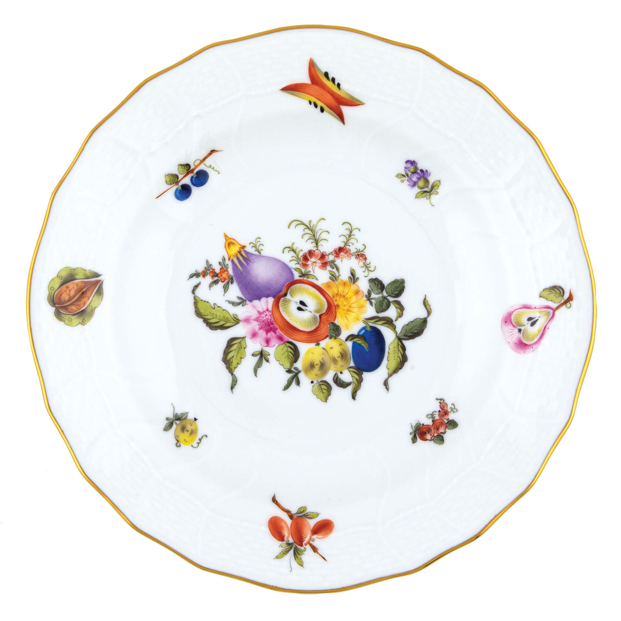 Hand-painted Herend Fruits and Flowers Dessert Plate in fine porcelain, 8.25in D,, Motif 1, on a white background