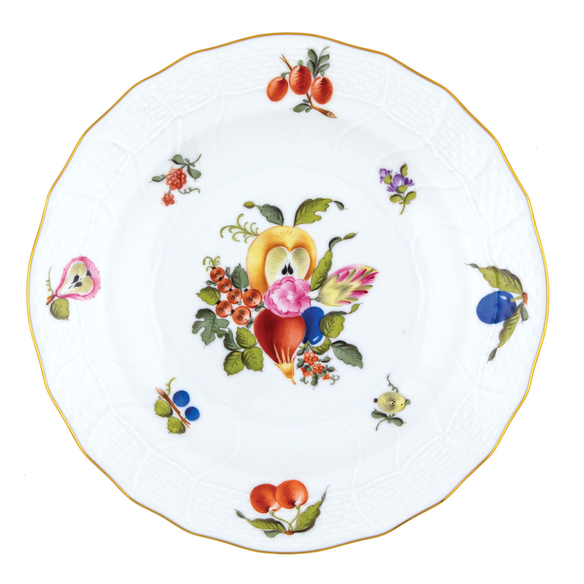 Hand-painted Herend Fruits and Flowers Dessert Plate in fine porcelain, 8.25in D,, Motif 2, on a white background