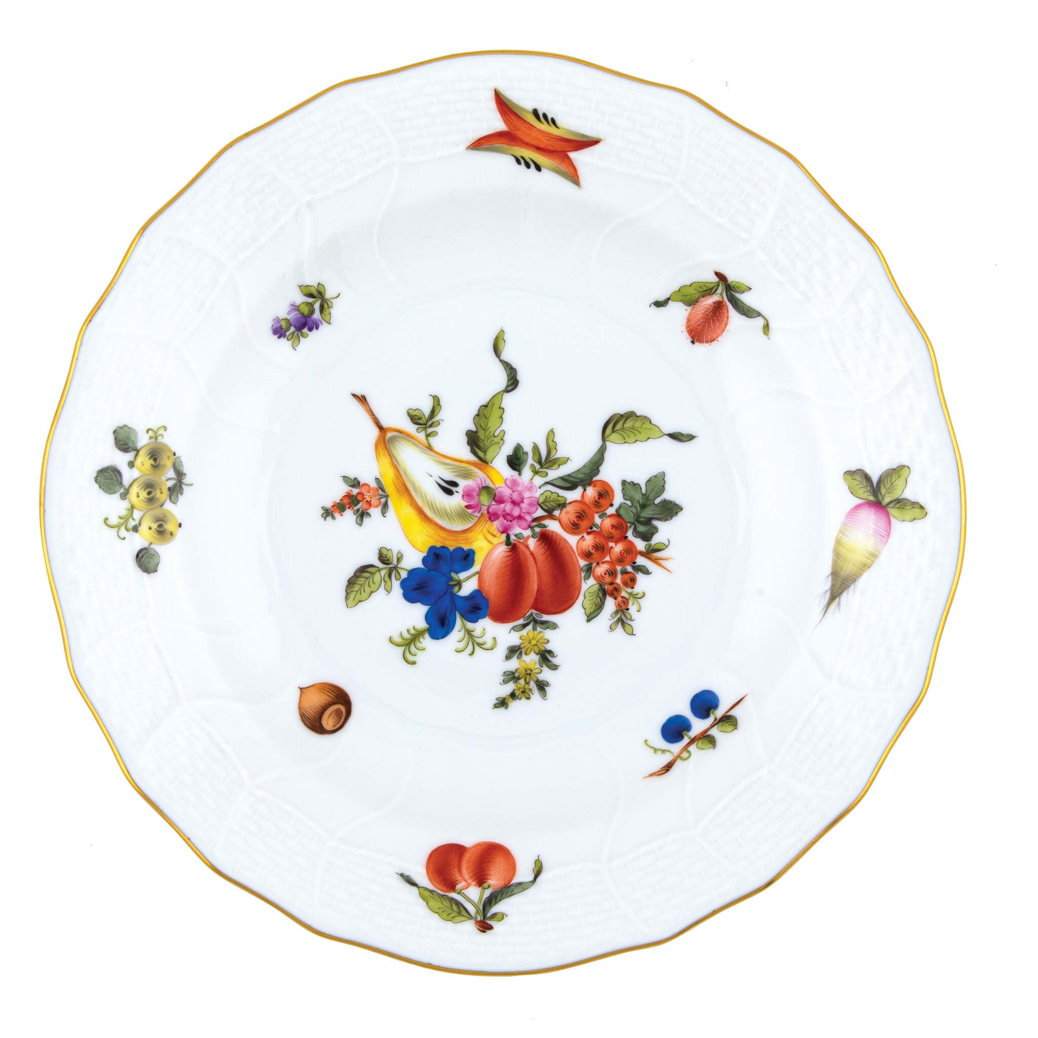 Hand-painted Herend Fruits and Flowers Dessert Plate in fine porcelain, 8.25in D,, Motif 3, on a white background