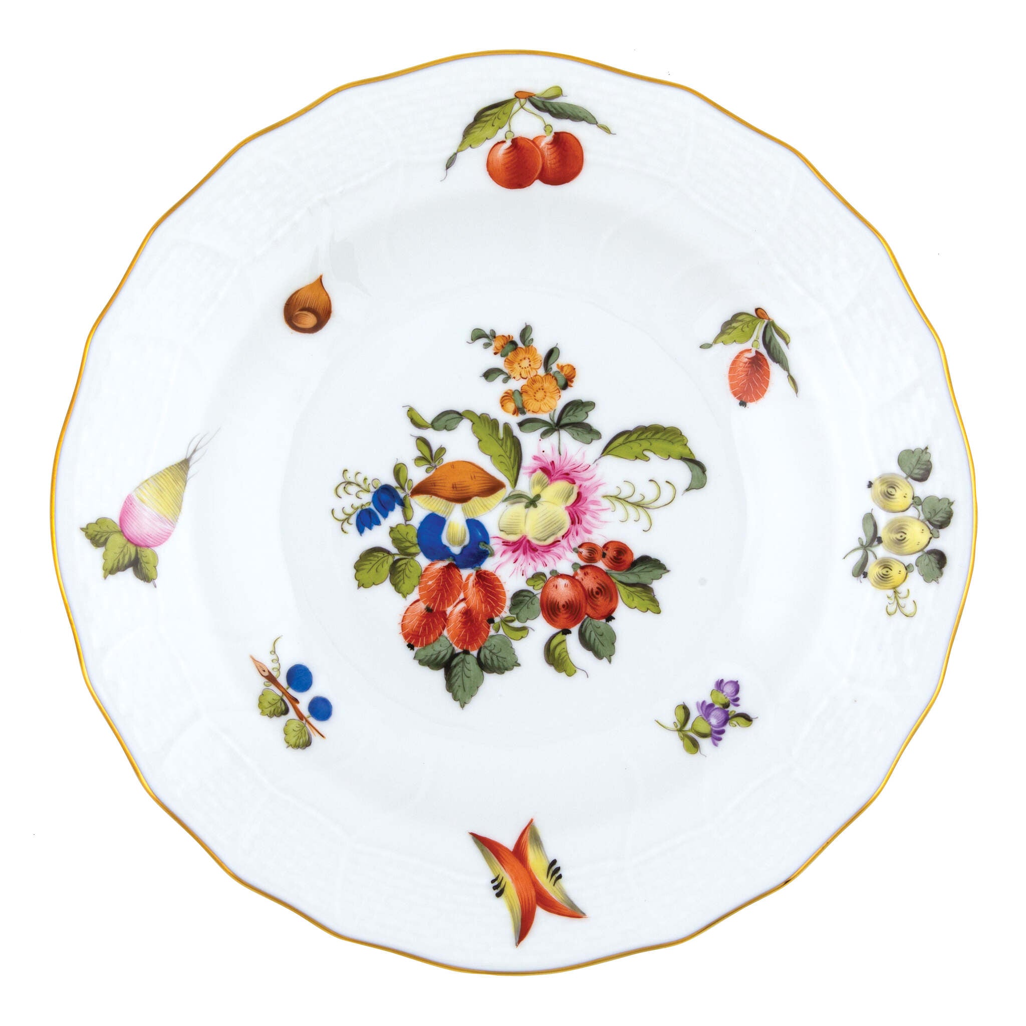 Hand-painted Herend Fruits and Flowers Dessert Plate in fine porcelain, 8.25in D,, Motif 7, on a white background