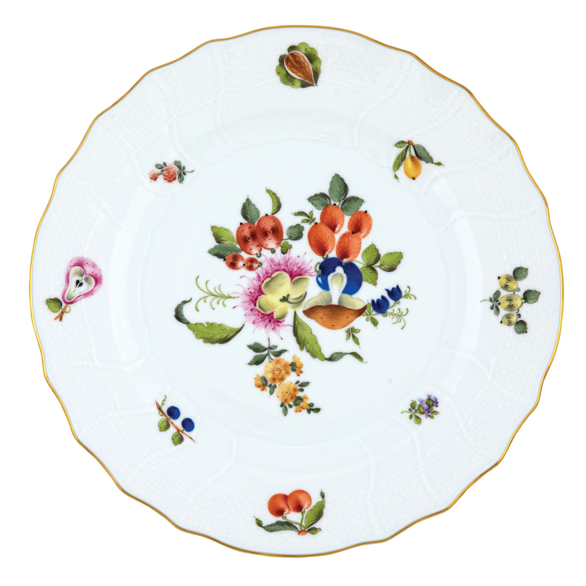 Hand-painted Herend Fruits and Flowers Dinner Plate in fine porcelain, 10.5in D,, Motif 7, on a white background